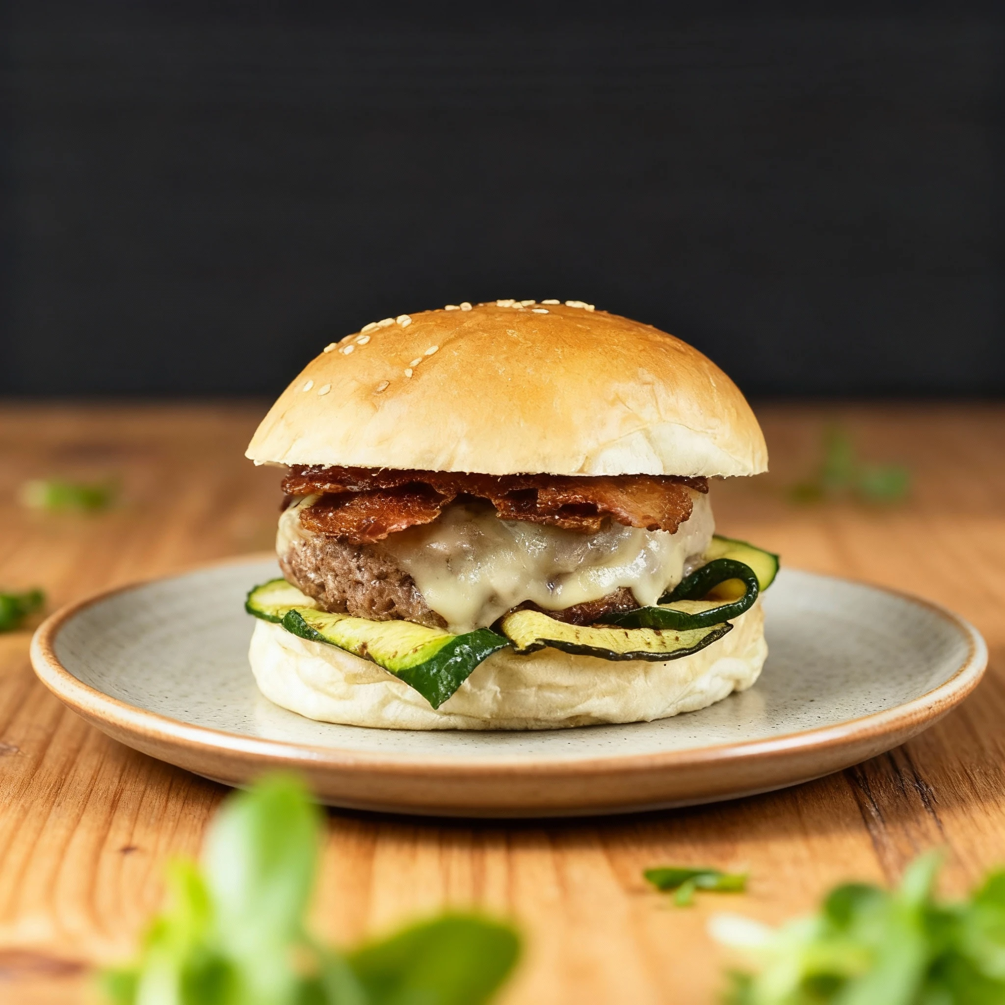 A gourmet burger featuring a beef patty topped with melted cheese and crispy bacon strips, placed on a sesame seed bun with grilled zucchini slices resting on t