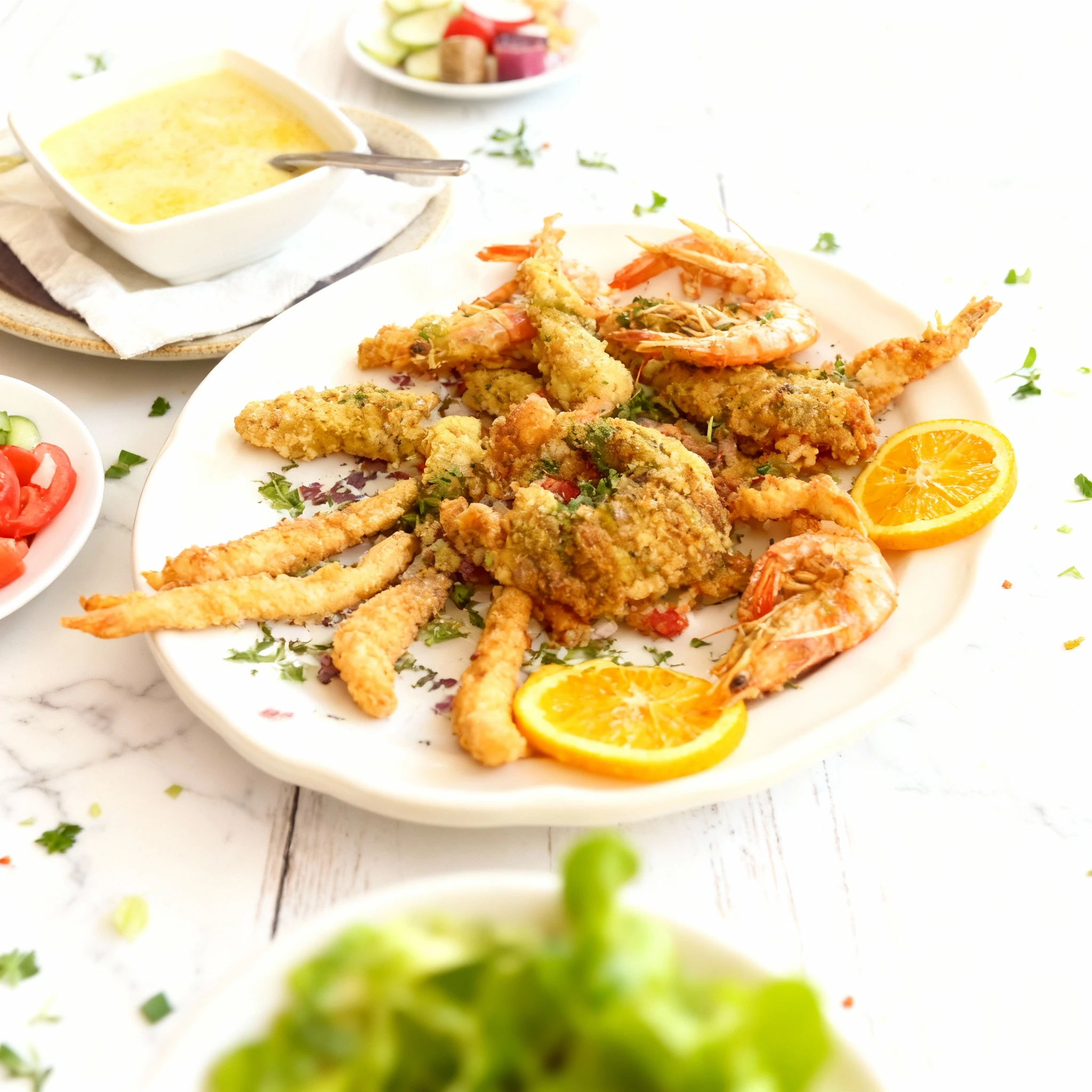 The centerpiece is a large platter of mixed fried seafood, featuring crispy breaded fish sticks and whole shrimp, centered around a mound of seasoned fried rice