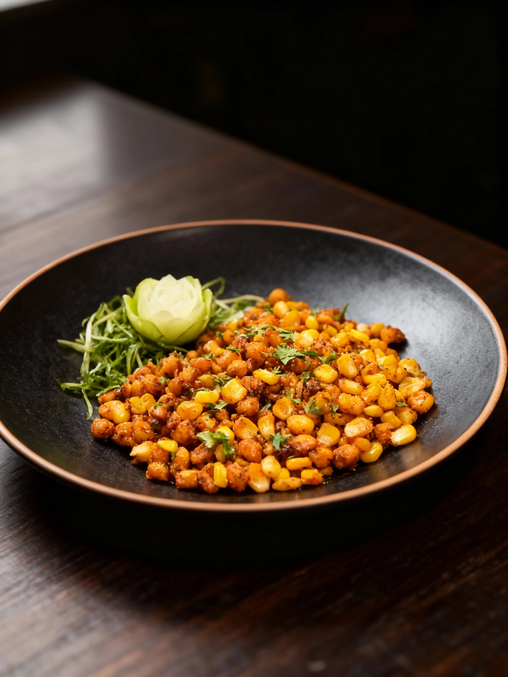 Crispy fried corn kernels tossed in a spicy masala with chopped cilantro and green onions, served with a carved vegetable garnish.