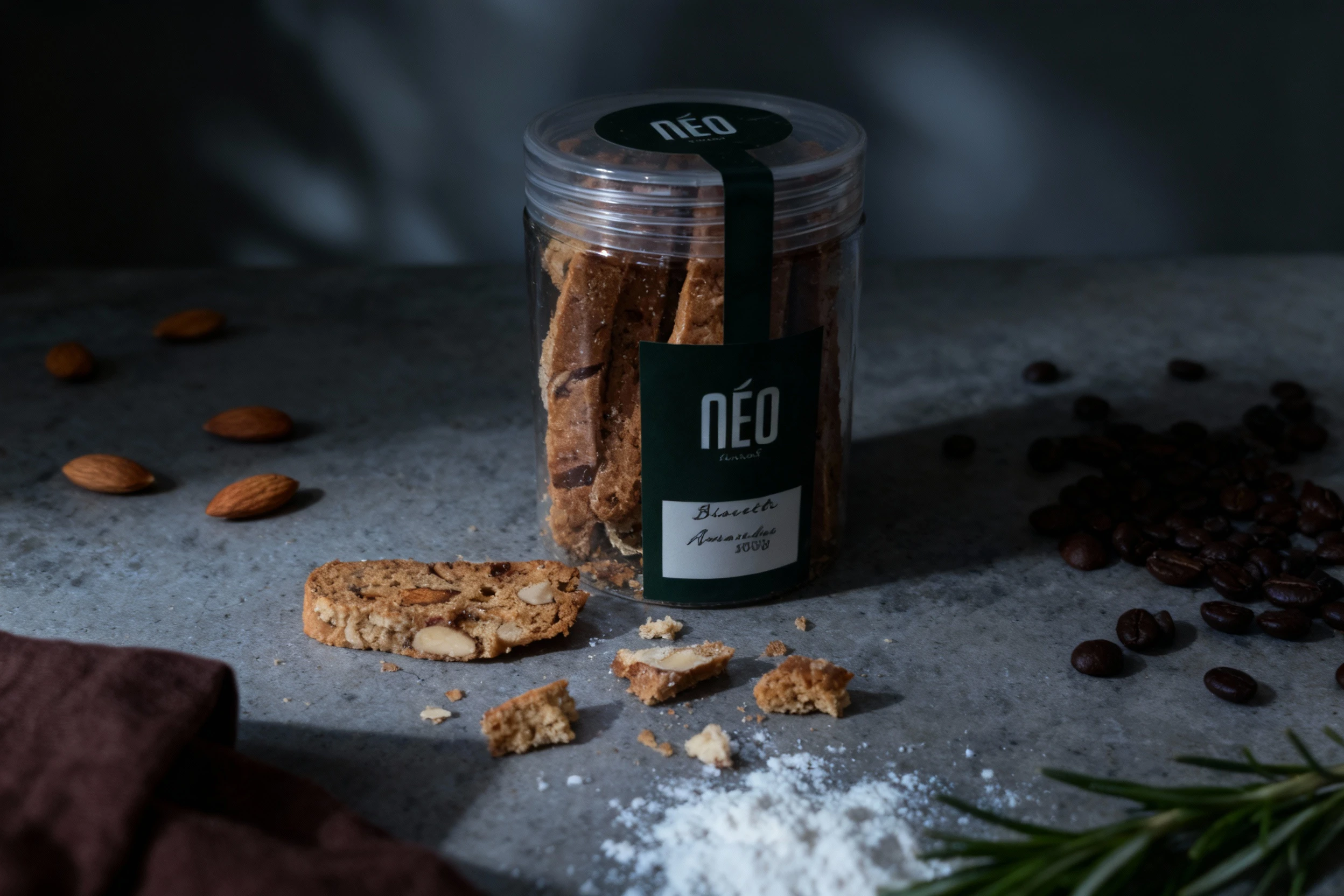 A sealed clear plastic jar of commercial almond biscotti, labeled 'Biscotti Amandes 200gr'.