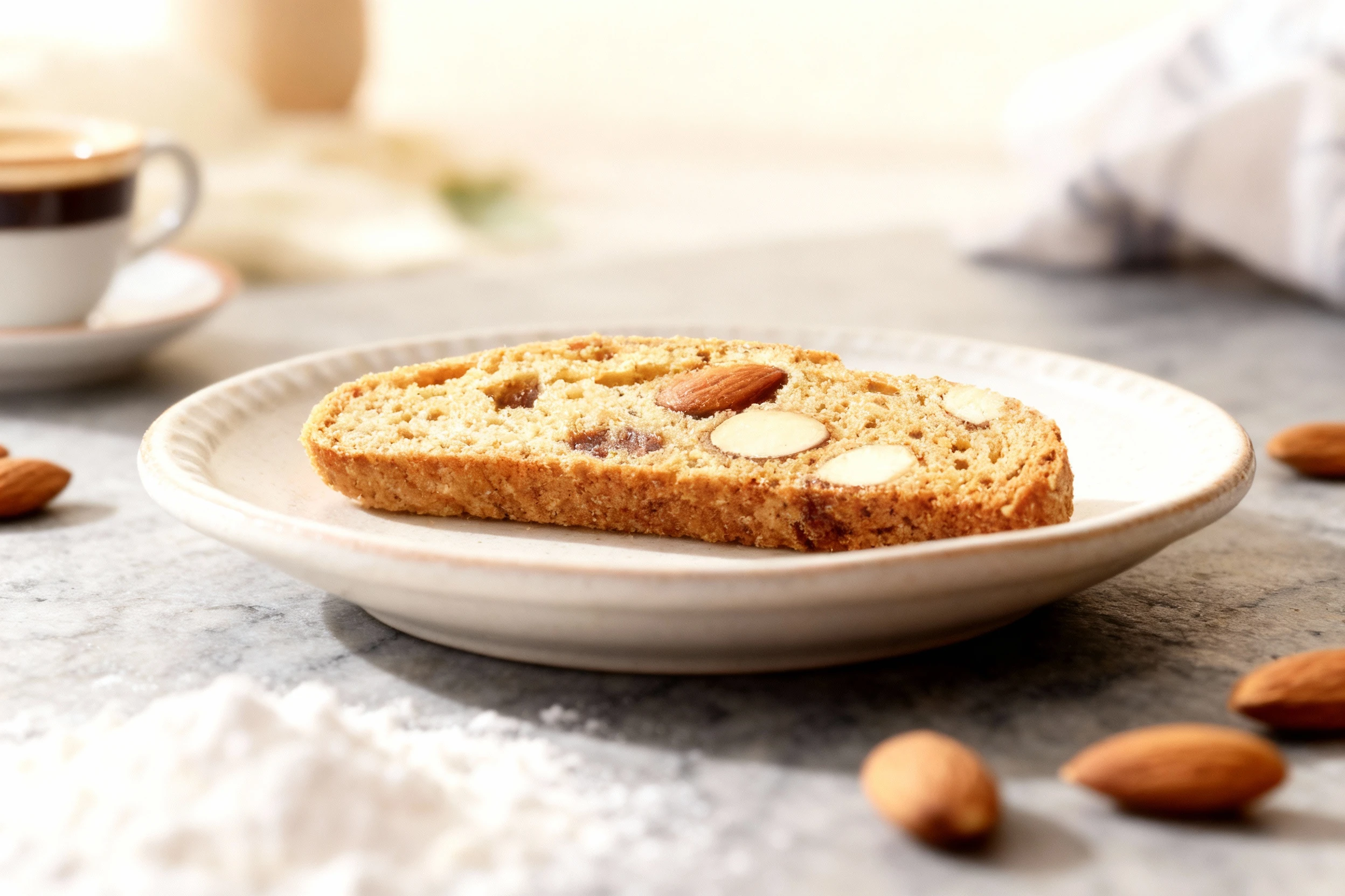 Almond biscotti (Biscotti Amandes) are packaged vertically inside a cylindrical, labeled plastic container, with one slice placed on the marble surface showing