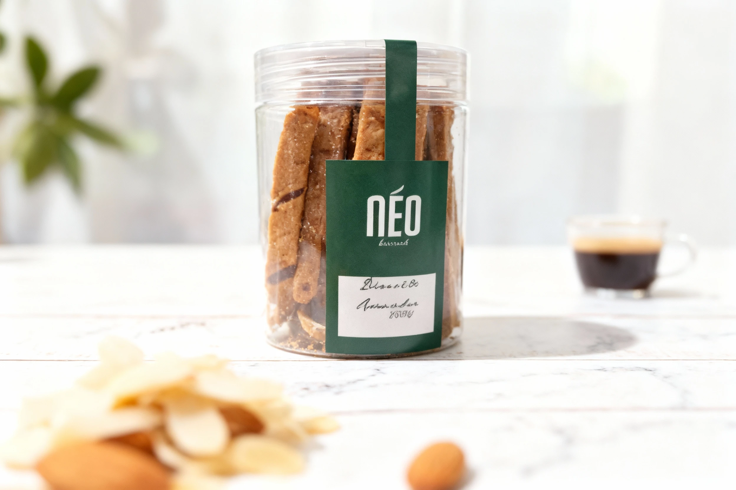 A clear plastic jar of NEO Biscotti Amandes (almond biscuits) standing upright on a grey, textured table.