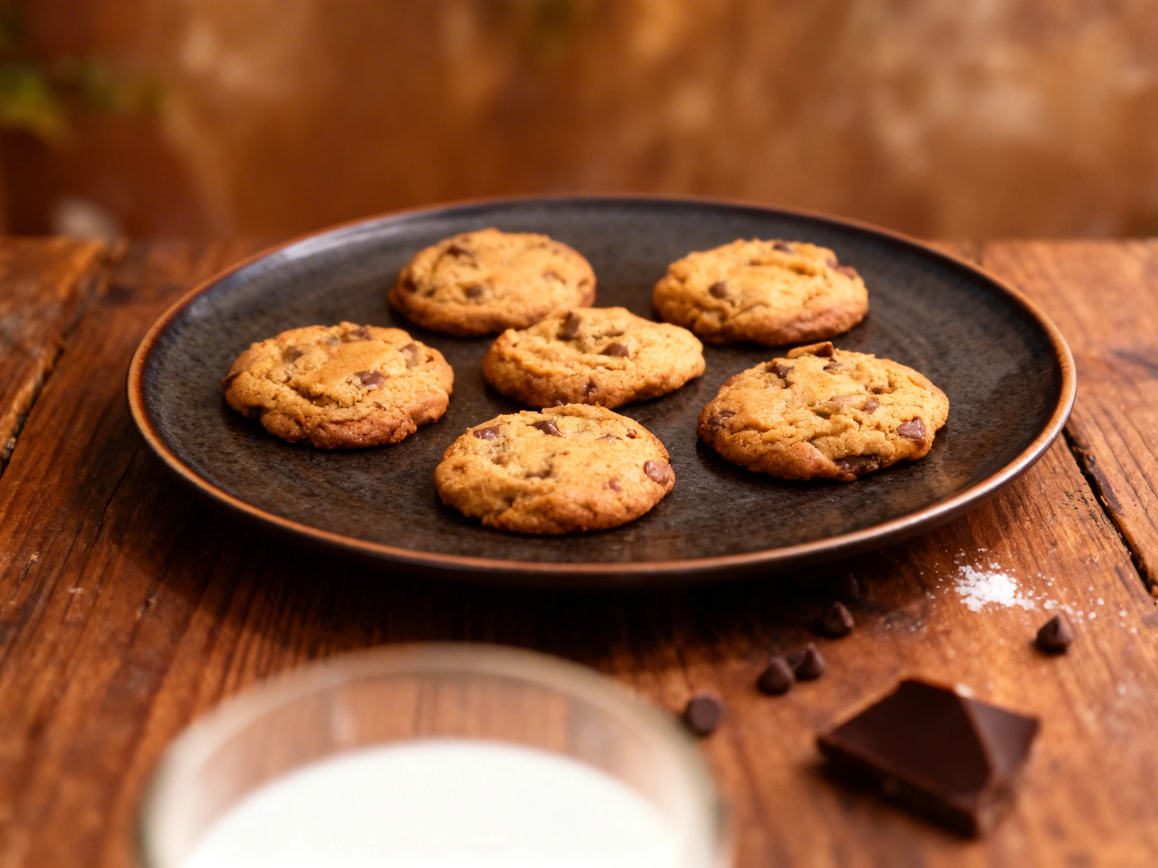 Six golden brown chocolate chip cookies arranged on a baking tray lined with parchment paper.