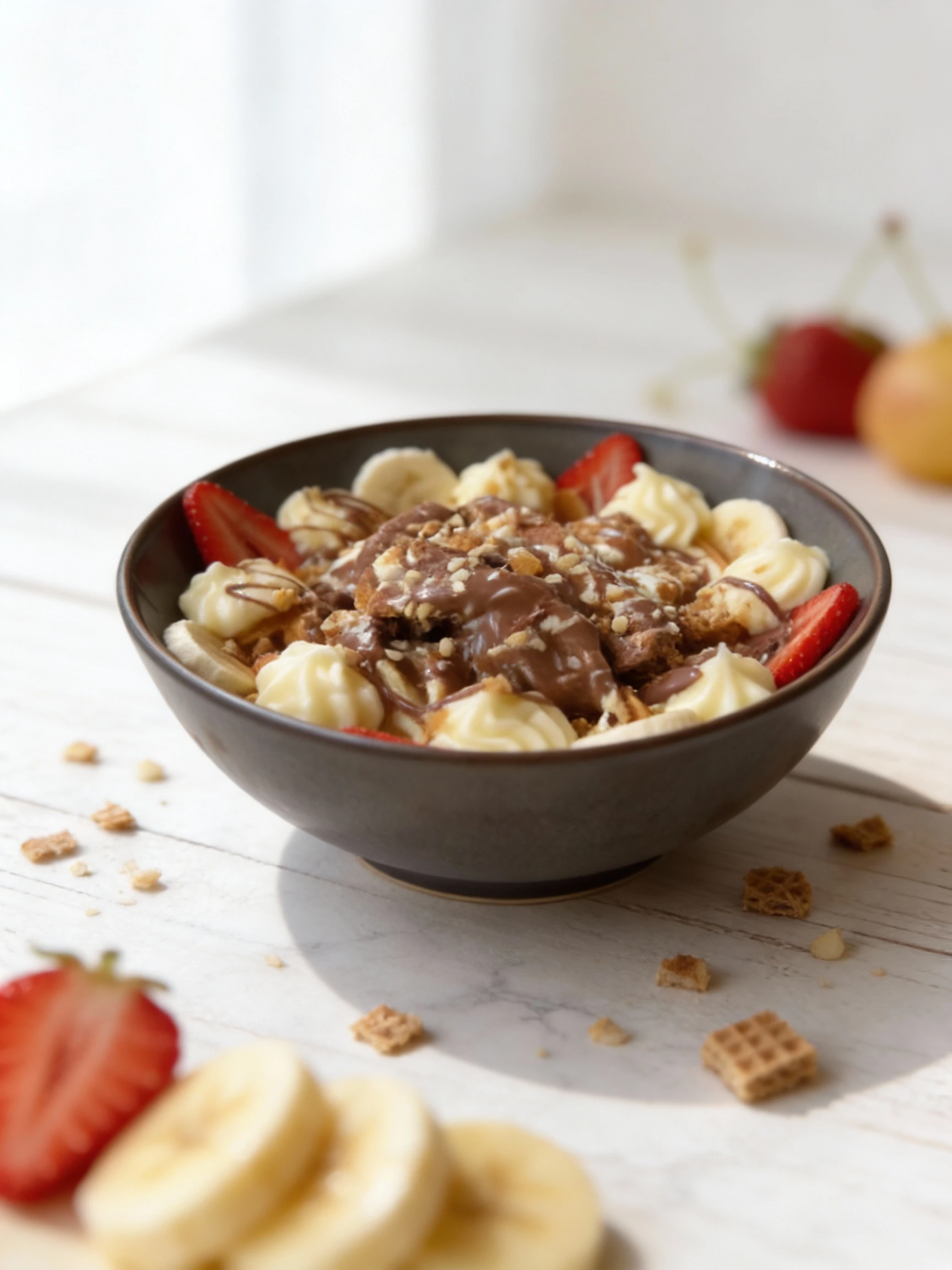 A dessert bowl containing pieces of dough or waffle bites completely covered in a generous layer of milk chocolate sauce and topped with crushed nuts, surrounde