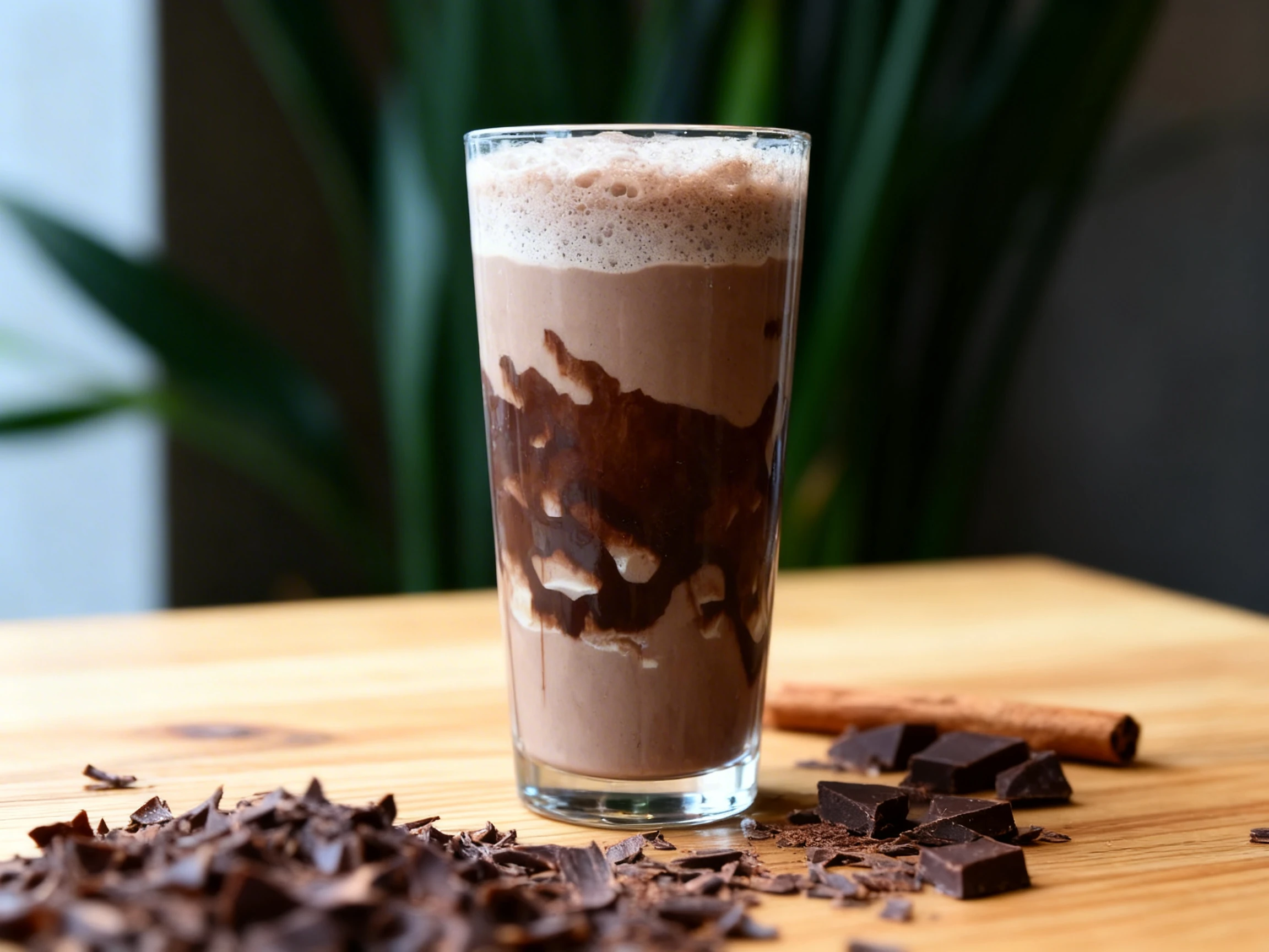 A chocolate milkshake or frappe served in a clear cup with dark chocolate syrup drizzled along the inside walls and a foamy top.