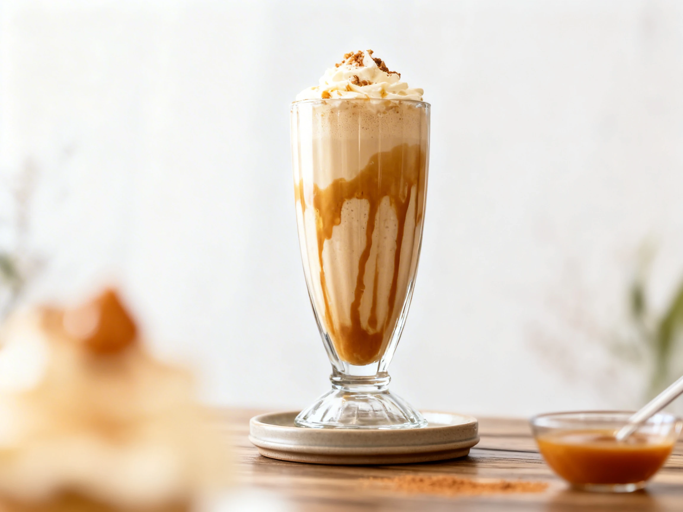 A caramel milkshake or coffee frappe in a plastic cup with caramel sauce drizzled along the interior walls.