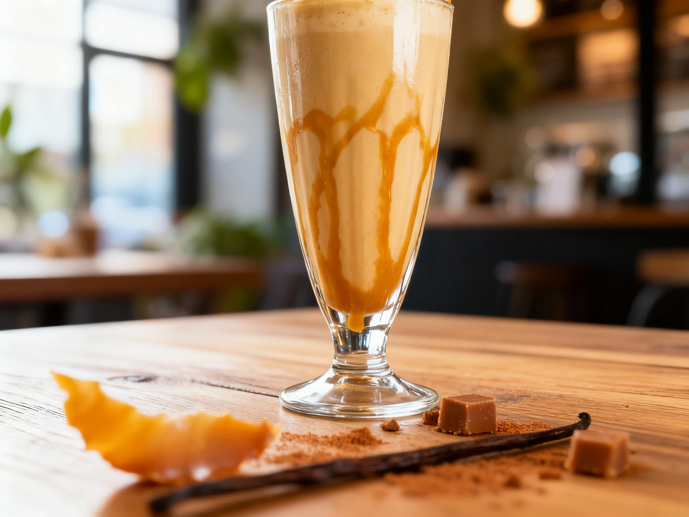 A caramel milkshake or smoothie served in a clear plastic cup with caramel sauce drizzled along the interior walls.