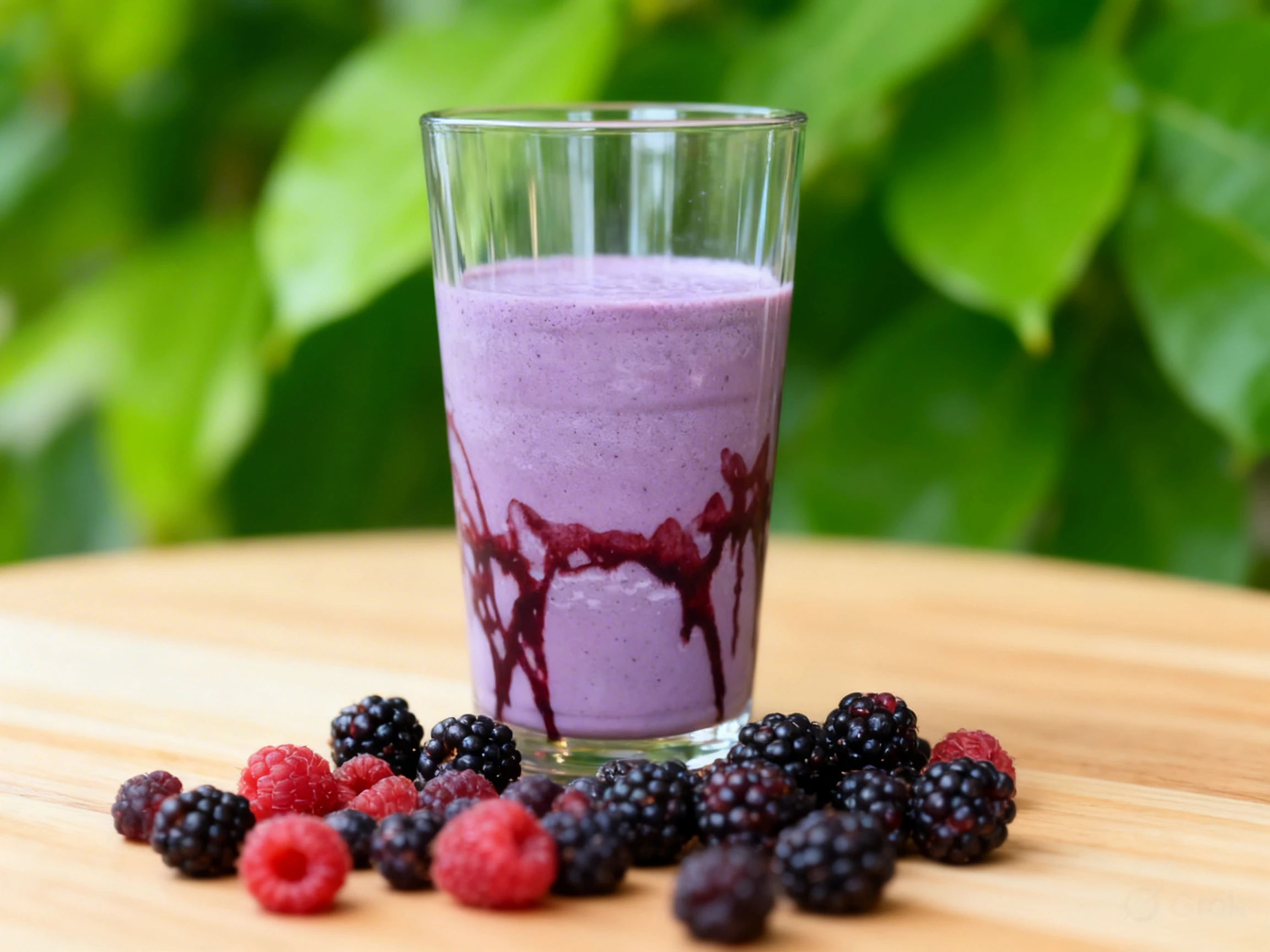 A blended purple berry smoothie served in a clear plastic cup with dark red fruit syrup drizzled along the inside walls.