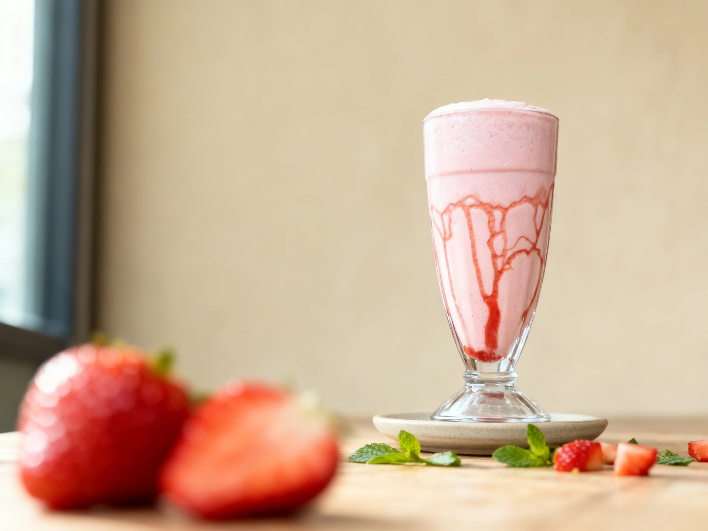 A strawberry milkshake served in a clear plastic cup with red syrup drizzled along the inside walls.