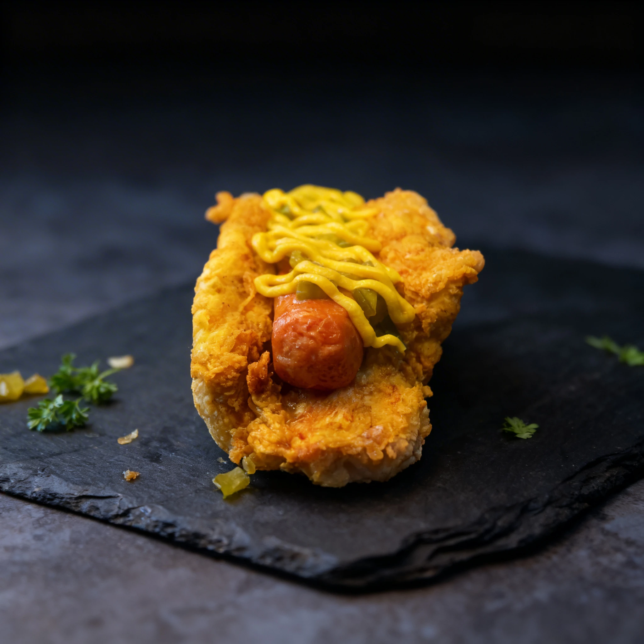 A hot dog sausage served inside a crispy fried chicken fillet bun, topped with yellow mustard and chopped green relish.