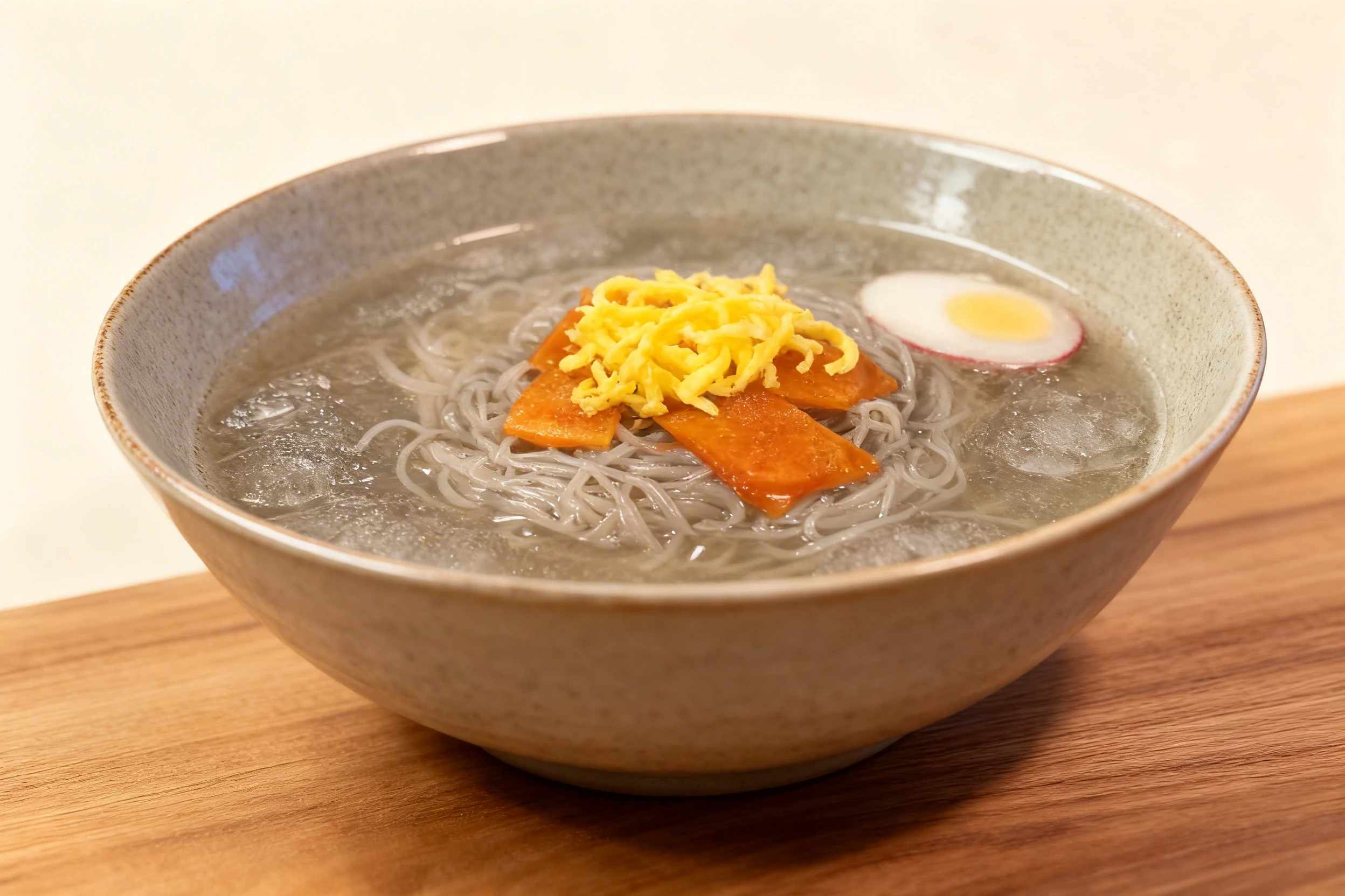 Cold Korean naengmyeon noodles served in a chilled broth with sliced radish and shredded egg garnish.