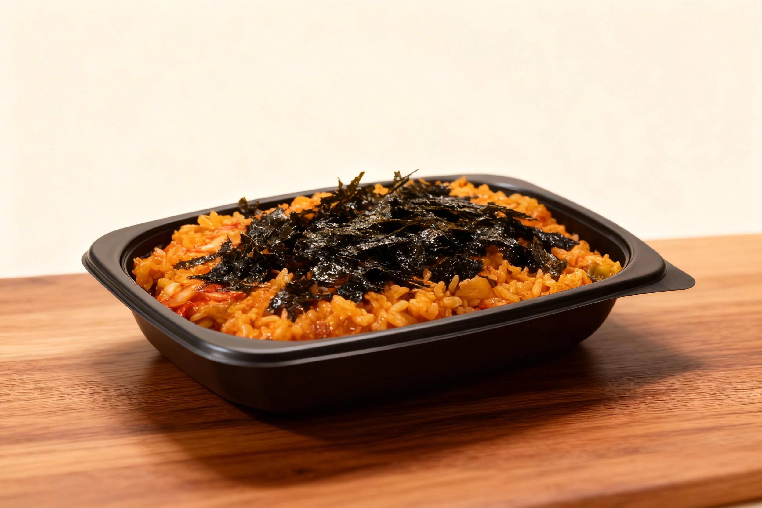 Kimchi fried rice topped with a generous amount of shredded roasted seaweed.