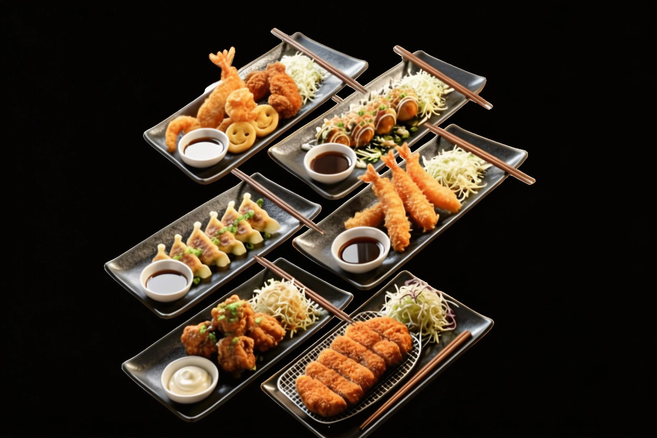 A collection of Japanese appetizers including ebi fry, gyoza, takoyaki, fried chicken, and tonkatsu served with shredded cabbage and dipping sauces.