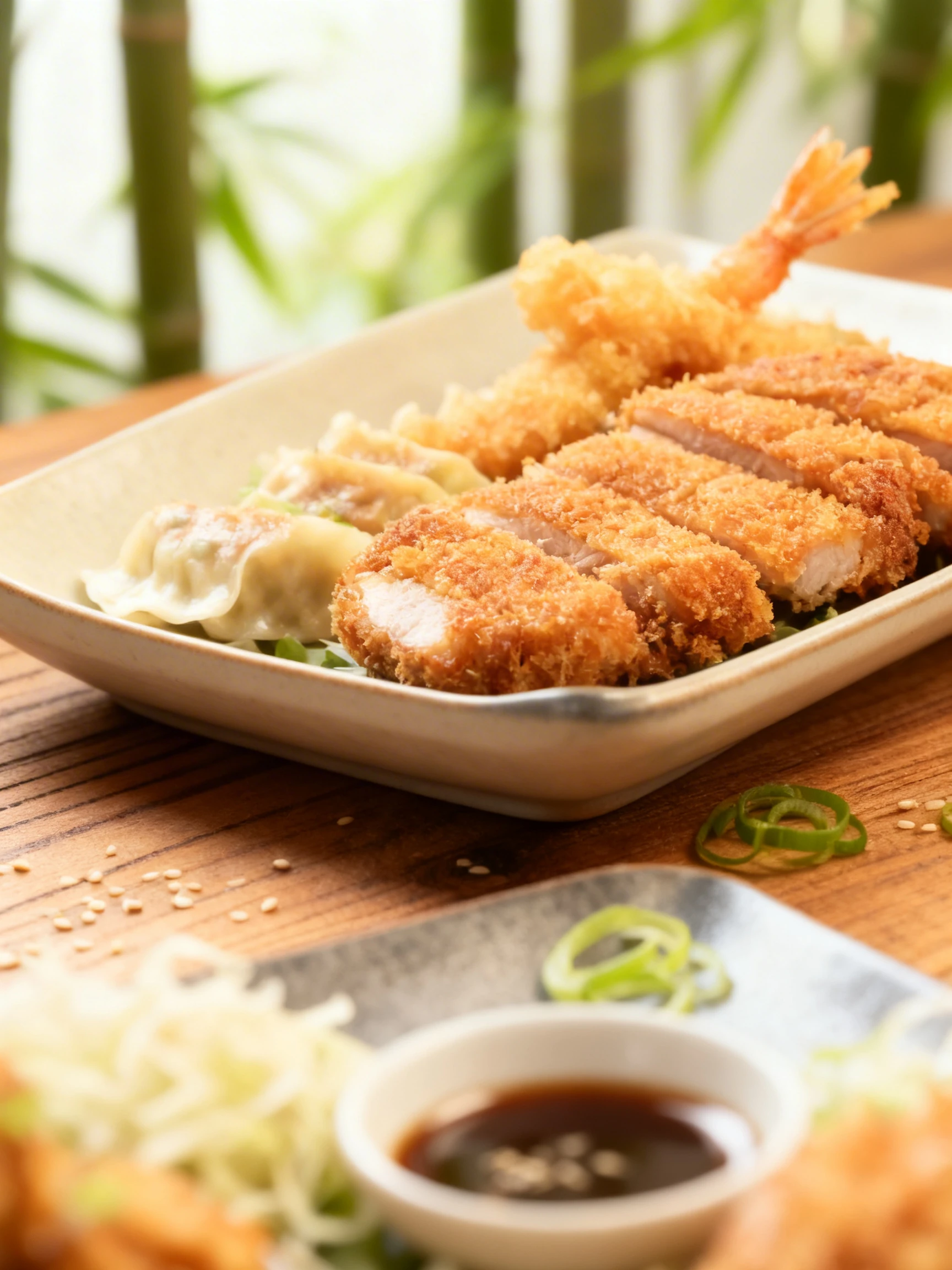 An assortment of Japanese appetizers including crispy ebi furay, pork gyoza, takoyaki, chicken karaage, and sliced tonkatsu served with shredded cabbage and dip