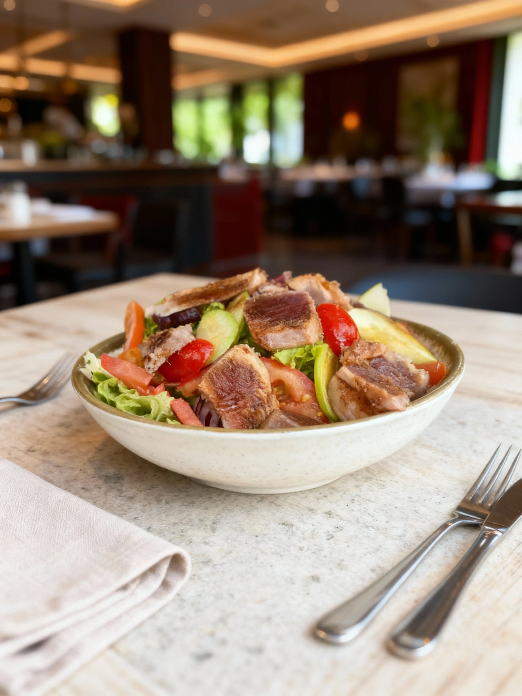 Seared tuna salad with thick-cut slices of rare tuna, cherry tomatoes, green apple wedges, and mixed greens in a ceramic bowl.