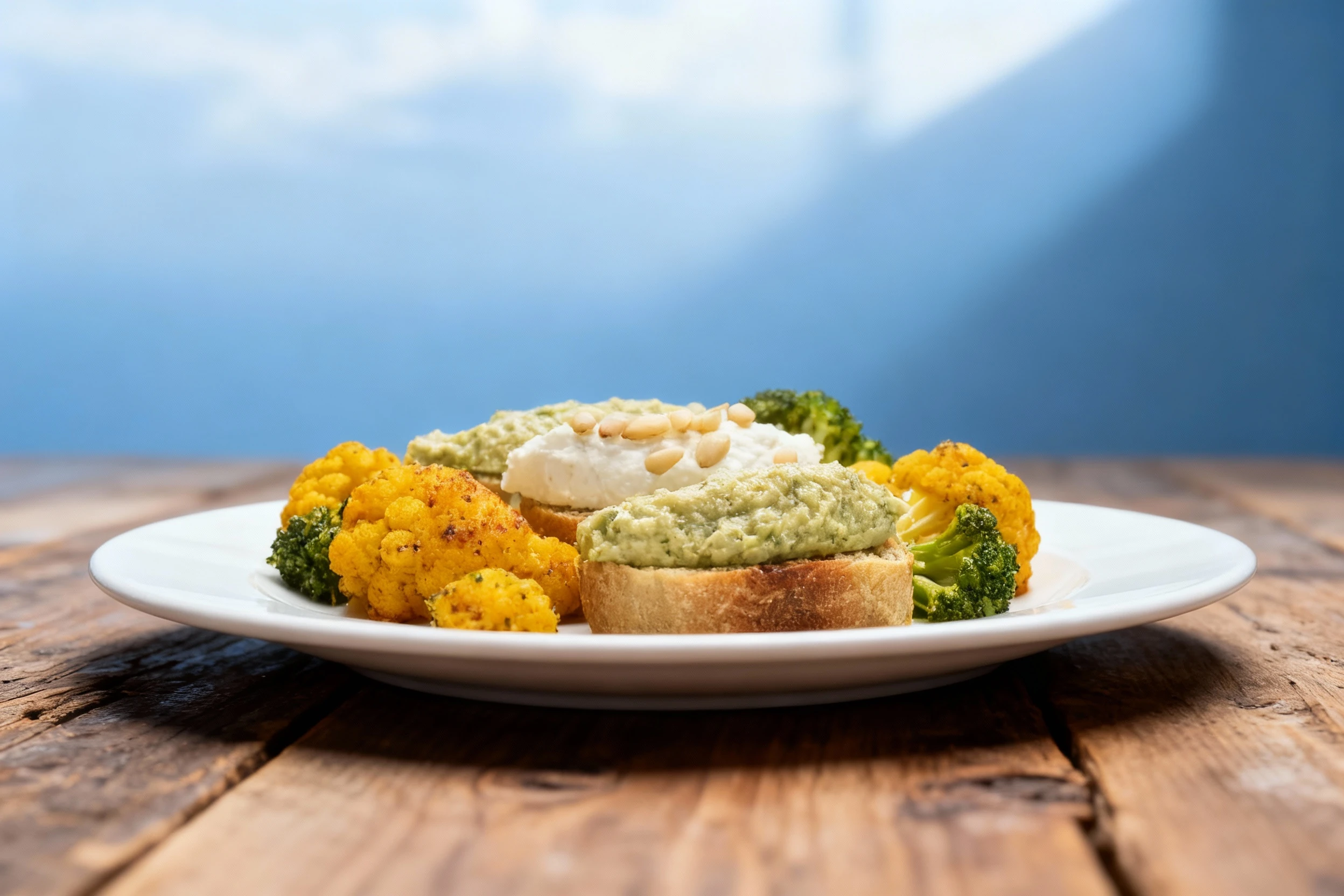 Appetizer featuring three crostini topped with two distinct spreads: two slices topped with a thick green pesto-like puree, and one slice topped with creamy whi