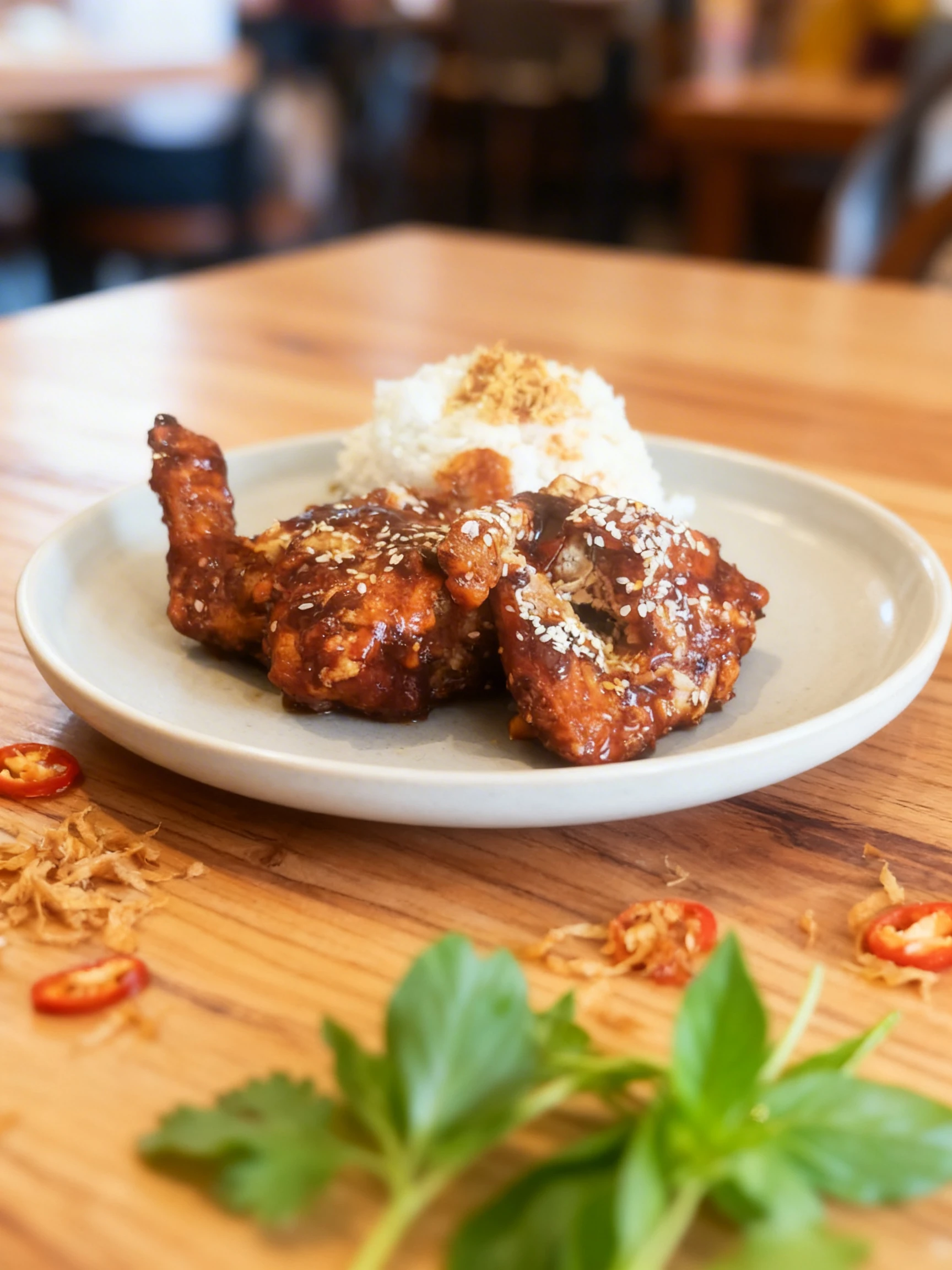 Glazed fried chicken wings topped with white sesame seeds served with a side of steamed white rice garnished with fried shallots.