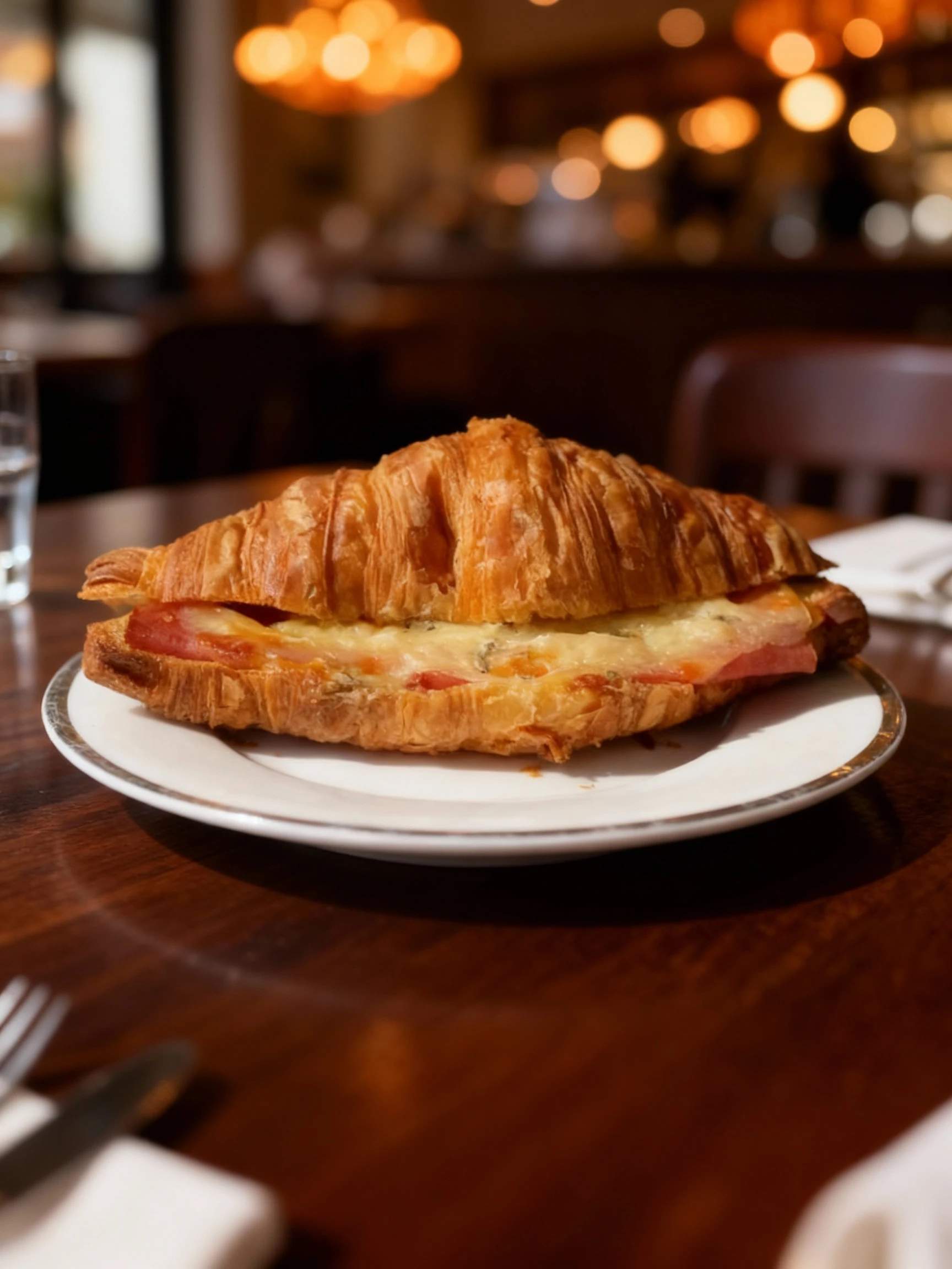 A flaky croissant sandwich filled with slices of ham and melted cheese, served on a white plate with a silver rim.