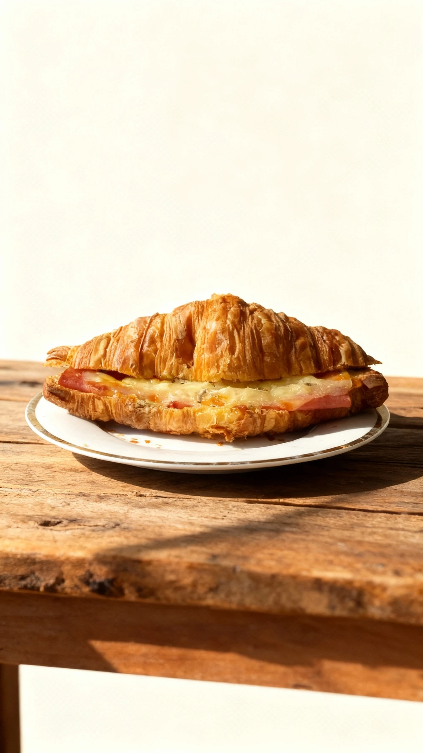 A toasted golden-brown croissant sandwich filled with slices of ham and melted cheese.
