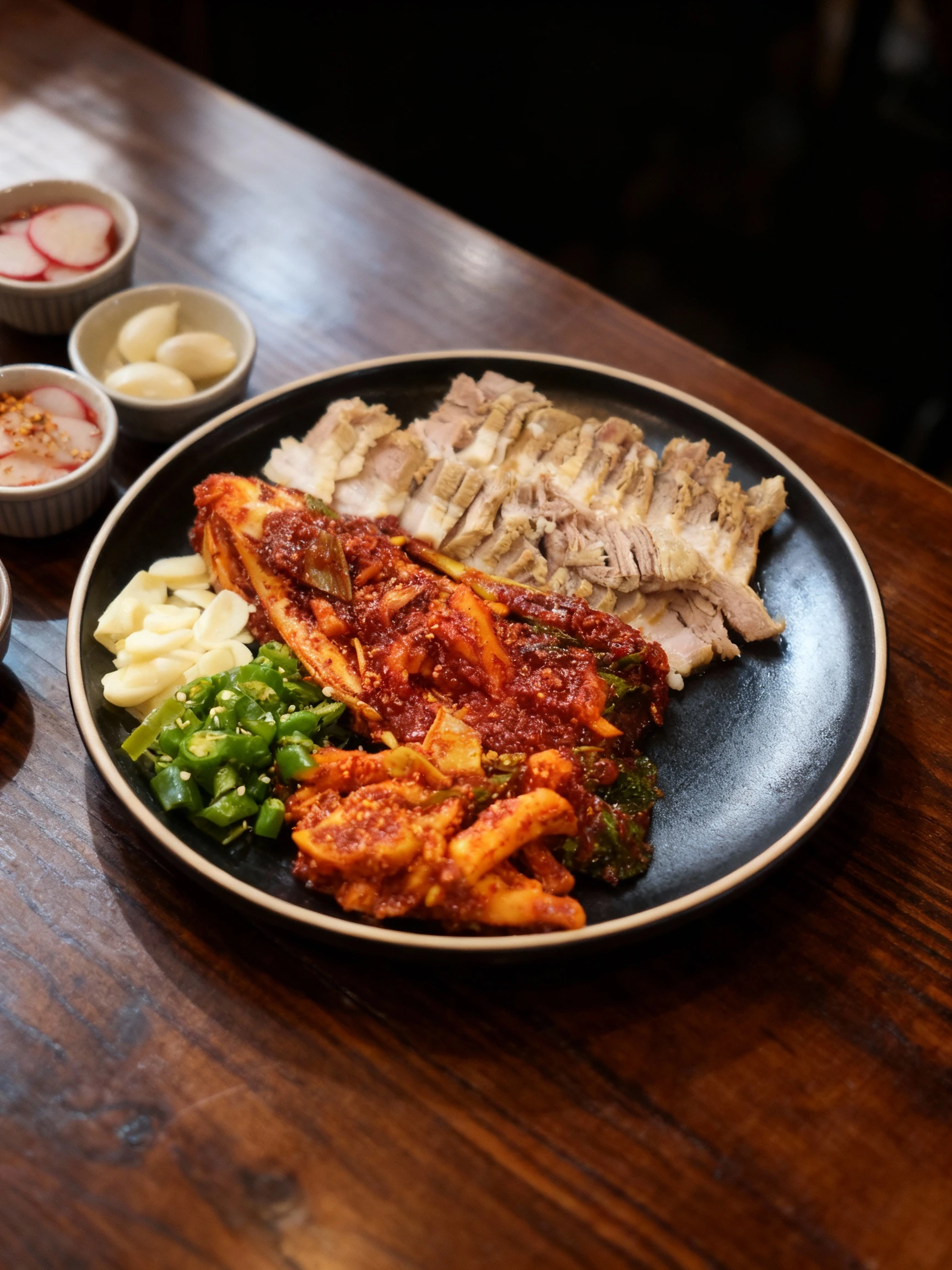 Bossam platter featuring sliced boiled pork belly served with spicy cabbage kimchi, seasoned radish, sliced raw garlic, and green chili peppers.