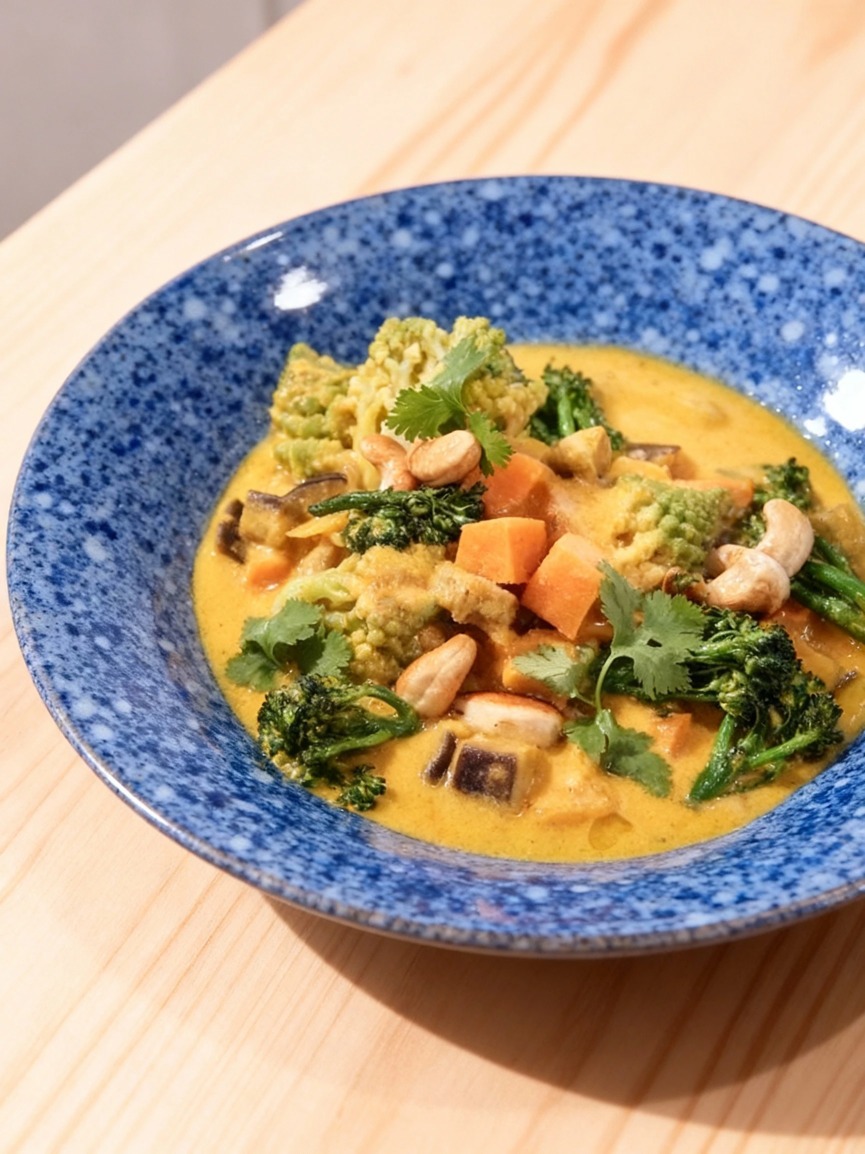 A hearty vegetarian curry featuring a rich yellow sauce, chunks of Romanesco broccoli, sweet potato, and tofu, garnished with whole cashew nuts and fresh cilant
