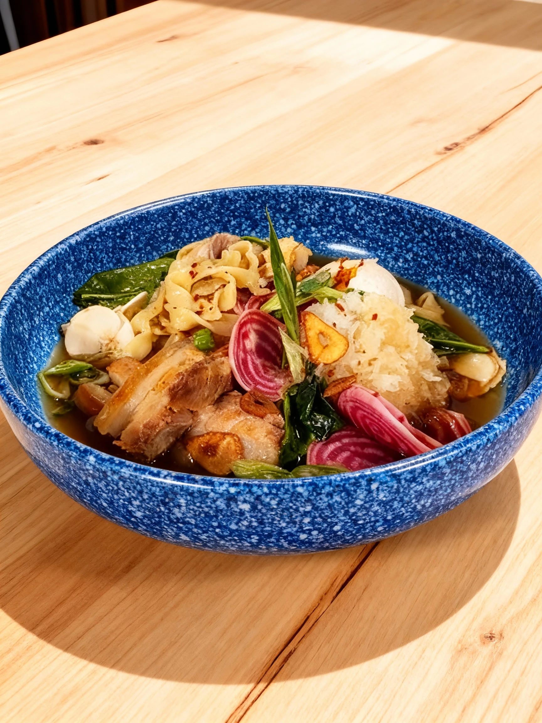 A composed dish featuring thick slices of braised pork belly, wide flat noodles, and a mound of shredded daikon or vegetable served in a savory broth. It is gar