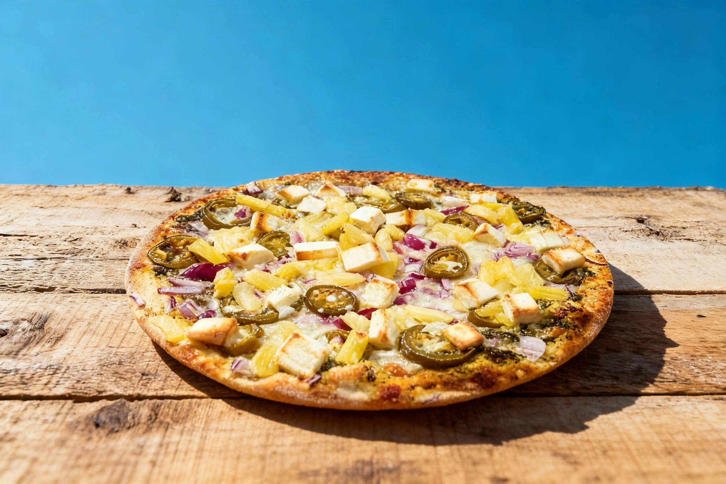 A round pizza featuring a crisp crust topped with melted cheese, cubed paneer, pineapple chunks, sliced jalapeños, and diced red onion, likely over a pesto or g