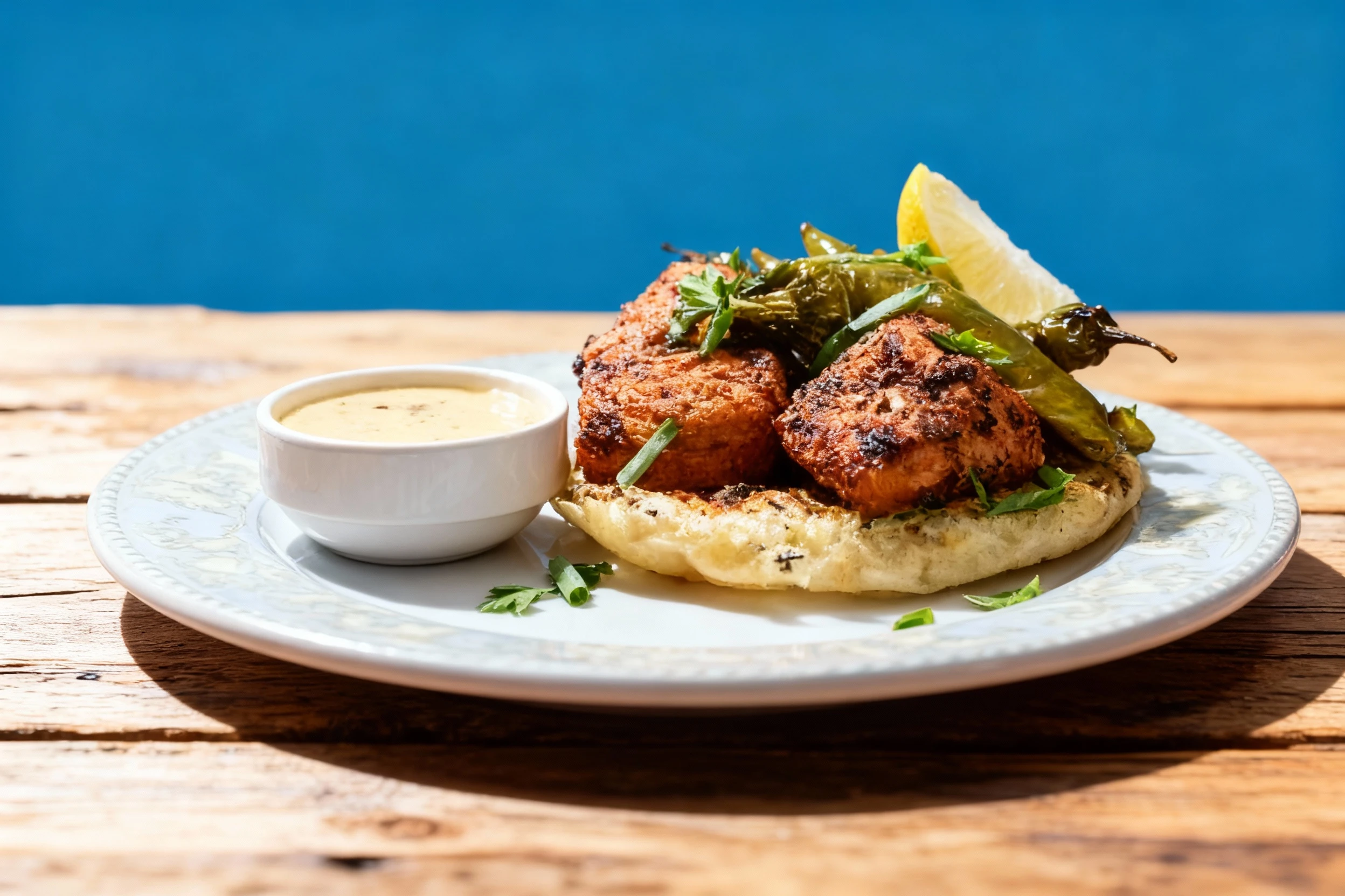 Two pieces of charred, spiced meat (such as chicken or kofta) are served on a piece of grilled flatbread, topped with blistered green peppers and garnished with