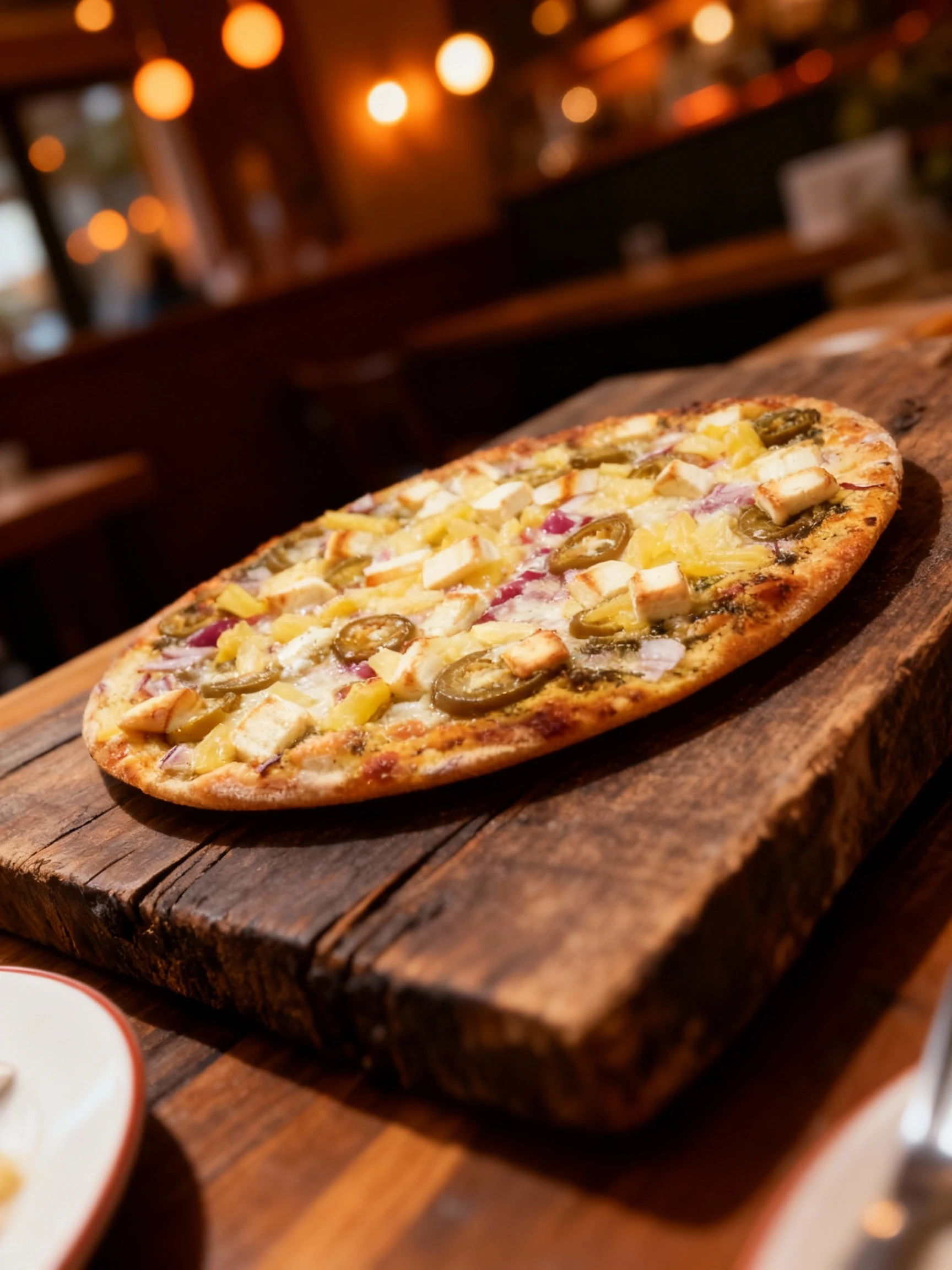 A pizza featuring chunks of cheese (likely halloumi or paneer), sliced pickled jalapeños, pineapple pieces, and red onion, resting on a rustic wooden plank. The