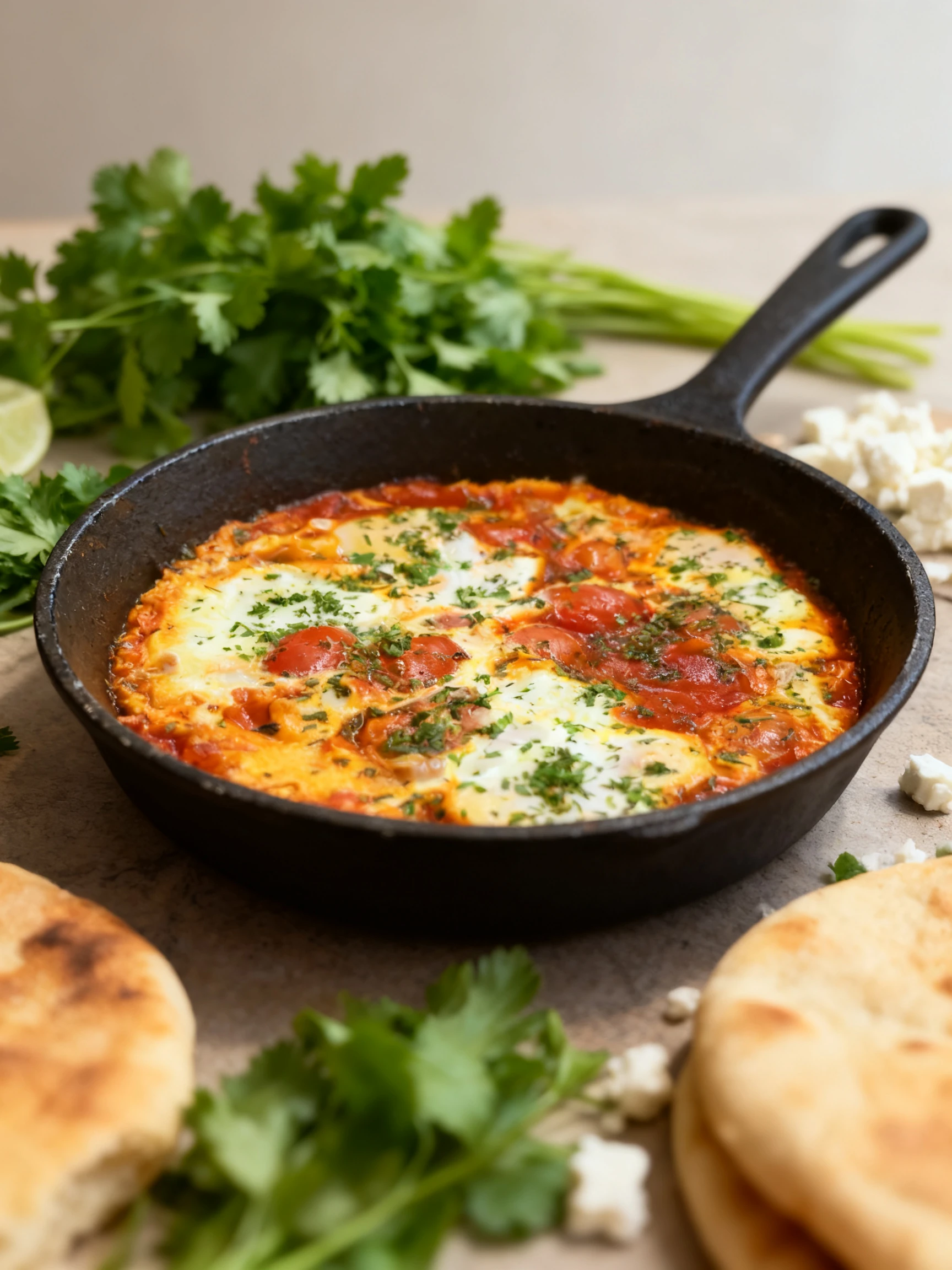 Shakshuka featuring poached eggs in a thick tomato sauce with cherry tomatoes and fresh chopped herbs, served in a cast iron skillet.