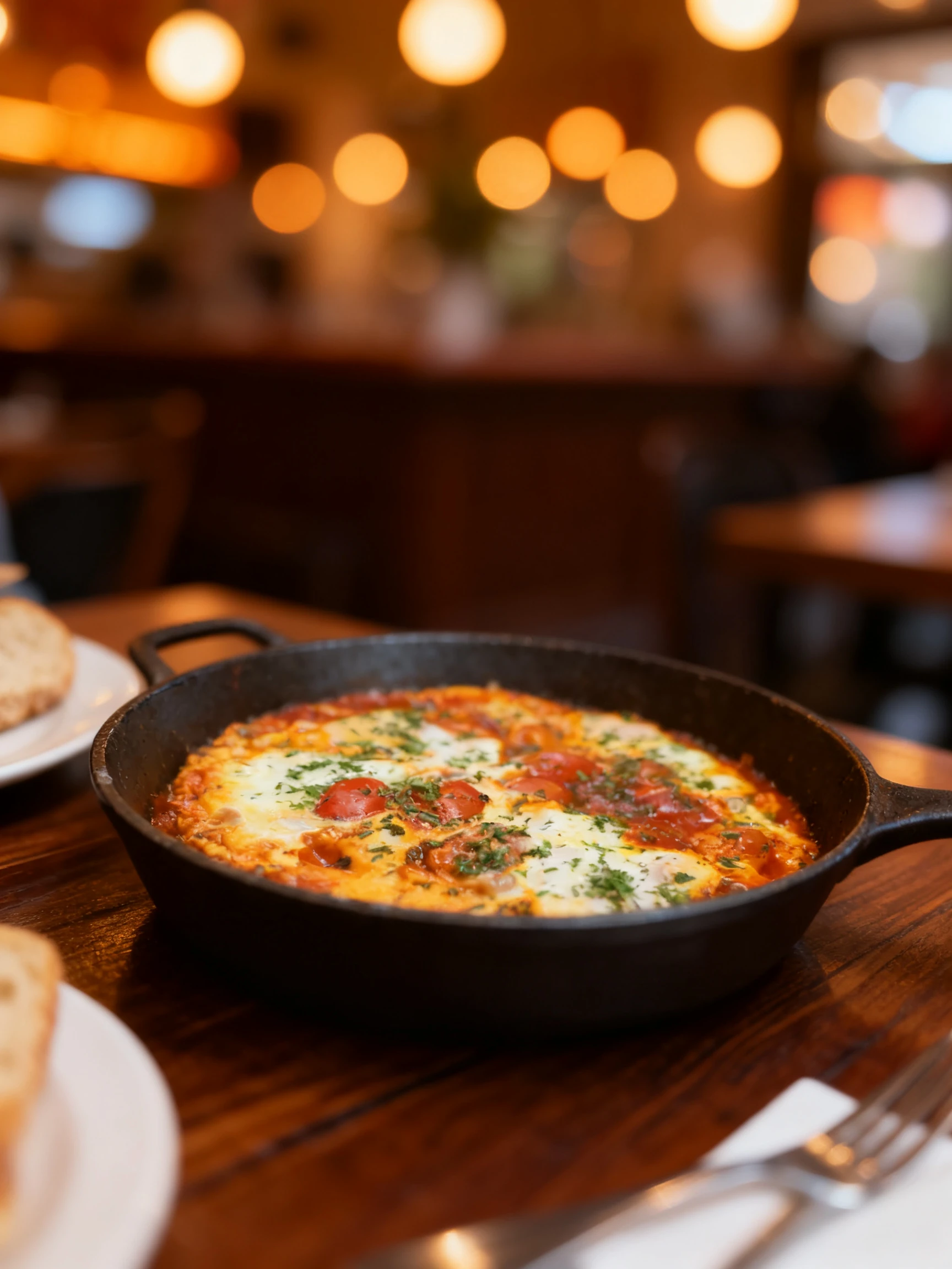 Shakshuka featuring poached eggs in a spiced tomato sauce topped with halved cherry tomatoes and a generous garnish of chopped fresh herbs.