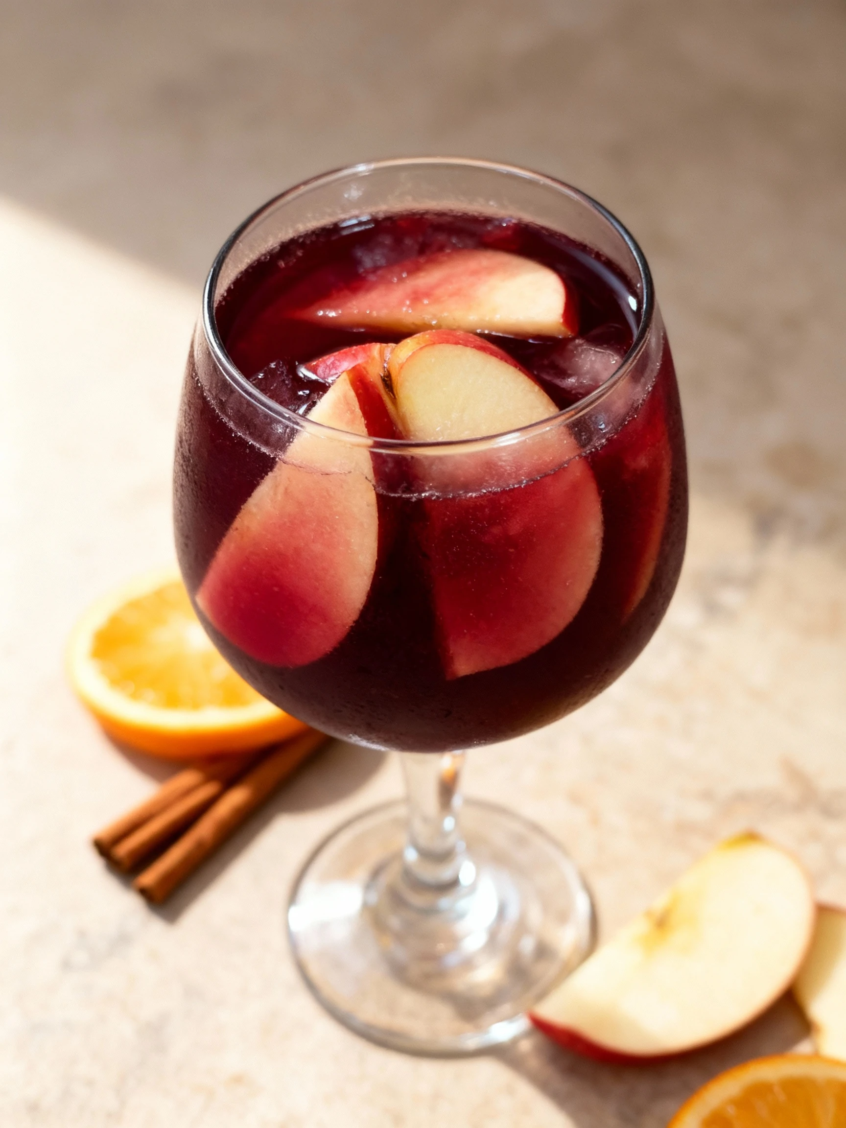 A glass of red sangria or fruit-infused wine garnished with large slices of fresh apple.