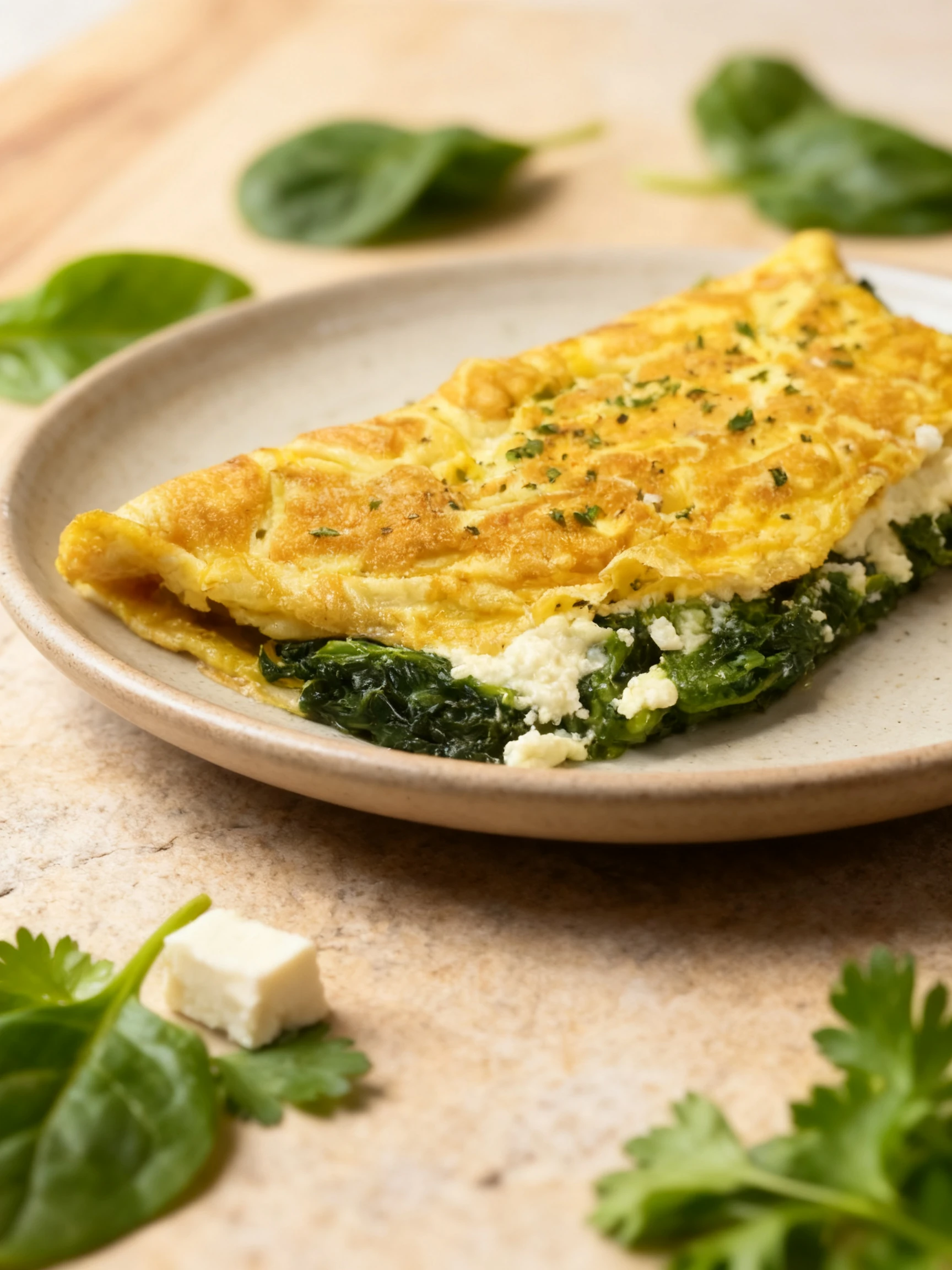 Folded omelette stuffed with sautéed spinach and feta cheese, garnished with dried herbs.