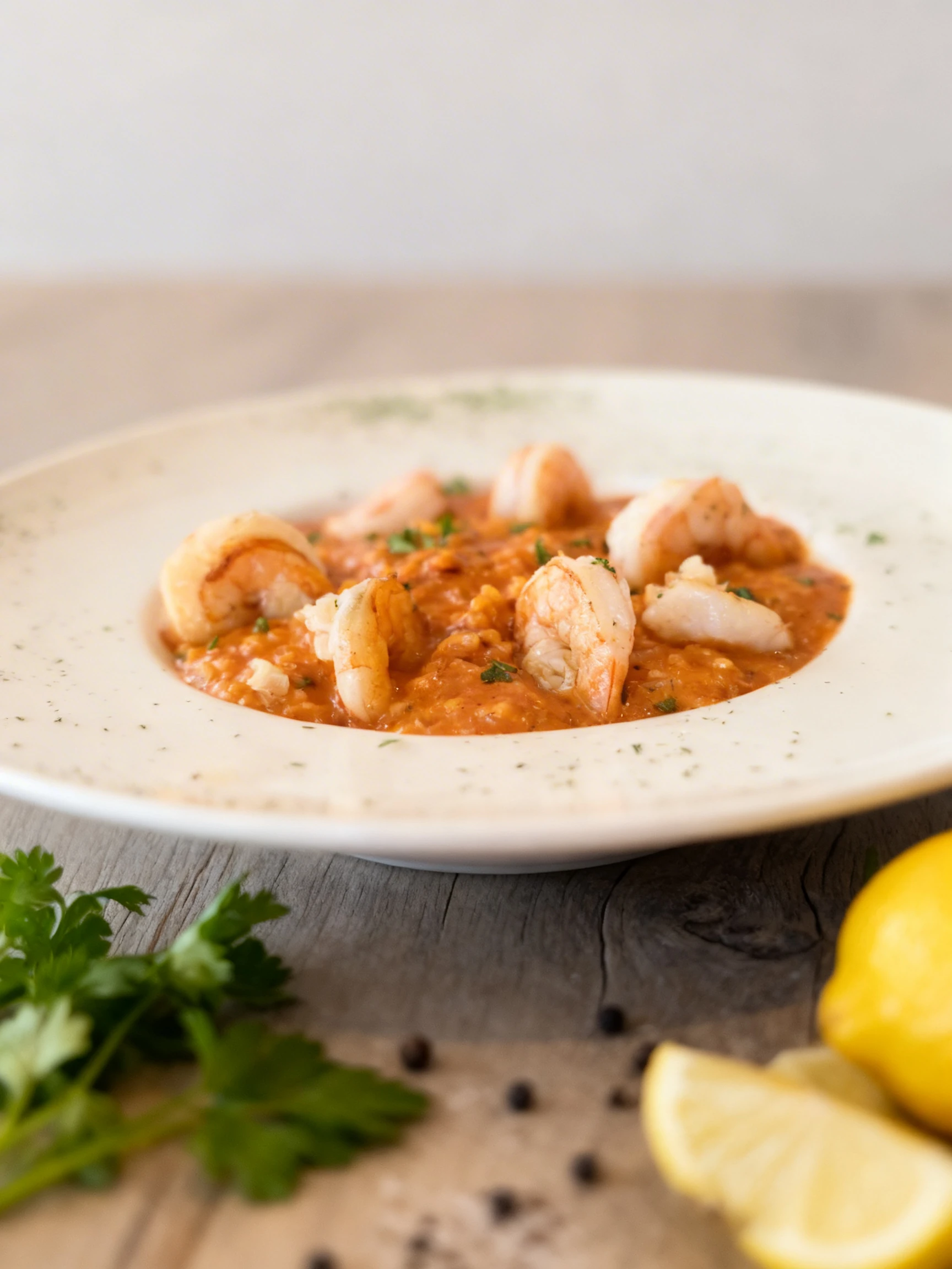 Seafood risotto with cooked shrimp in a tomato-based sauce, garnished with chopped parsley on a wide-rimmed white plate.