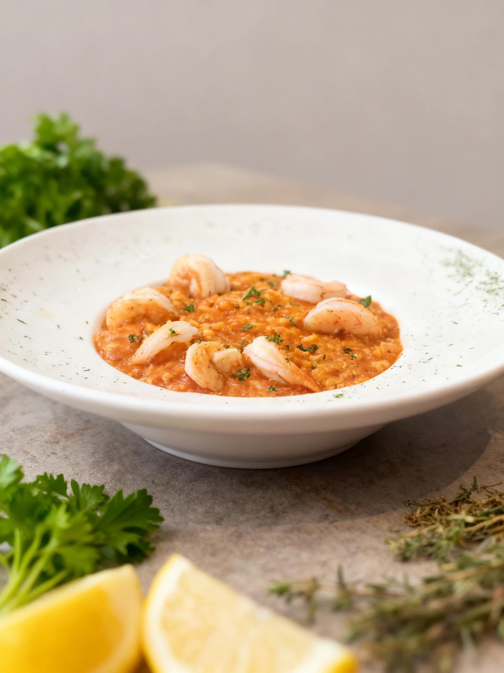 A seafood risotto featuring cooked shrimp arranged over a tomato-based rice mixture garnished with fresh herbs and dried parsley flakes.