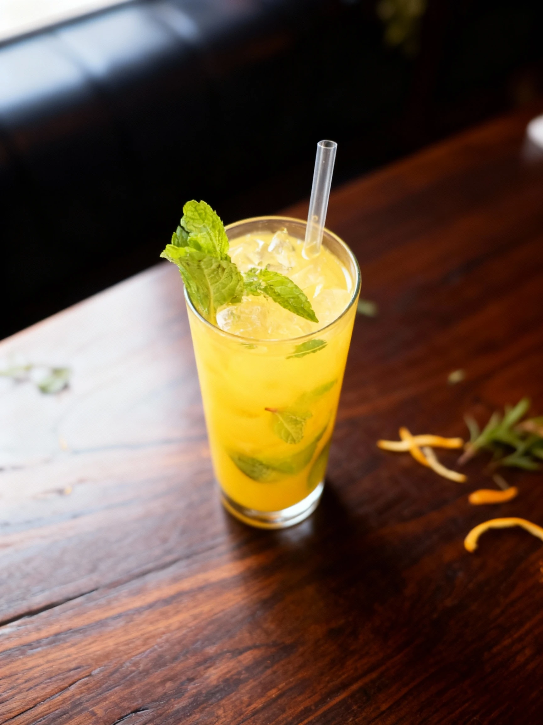 A yellow citrus or fruit-based cocktail served over ice in a tall glass, garnished with fresh mint leaves and a clear plastic straw.
