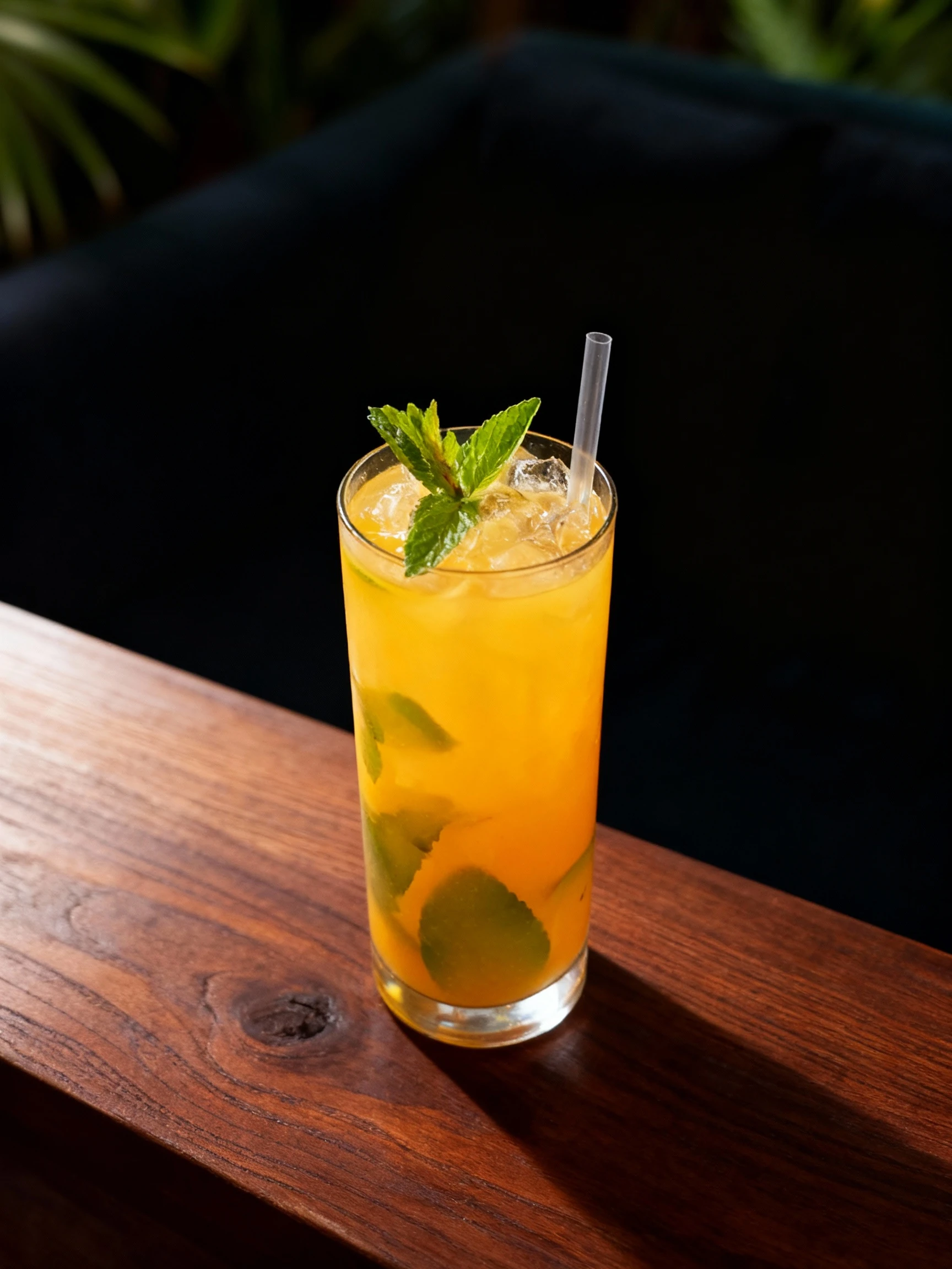 A mango mojito or tropical cocktail in a tall glass, featuring muddled mint leaves, ice, and a fresh mint sprig garnish.