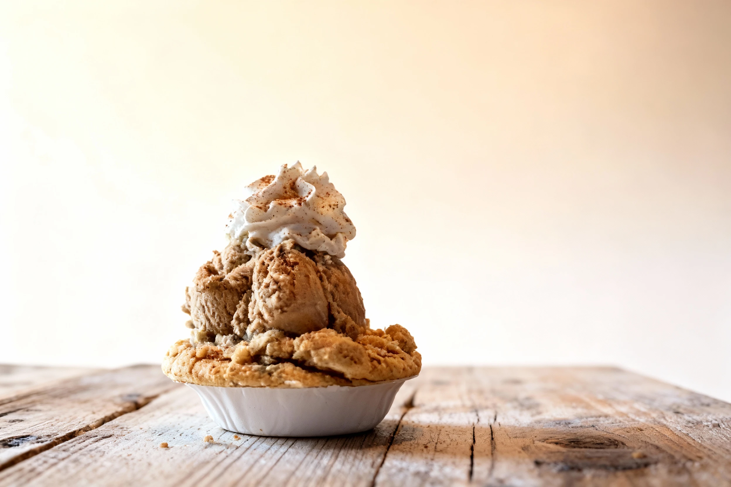 A large, baked cookie base is topped with generous scoops of brown ice cream, finished with a dollop of whipped cream and a dusting of cinnamon spice.