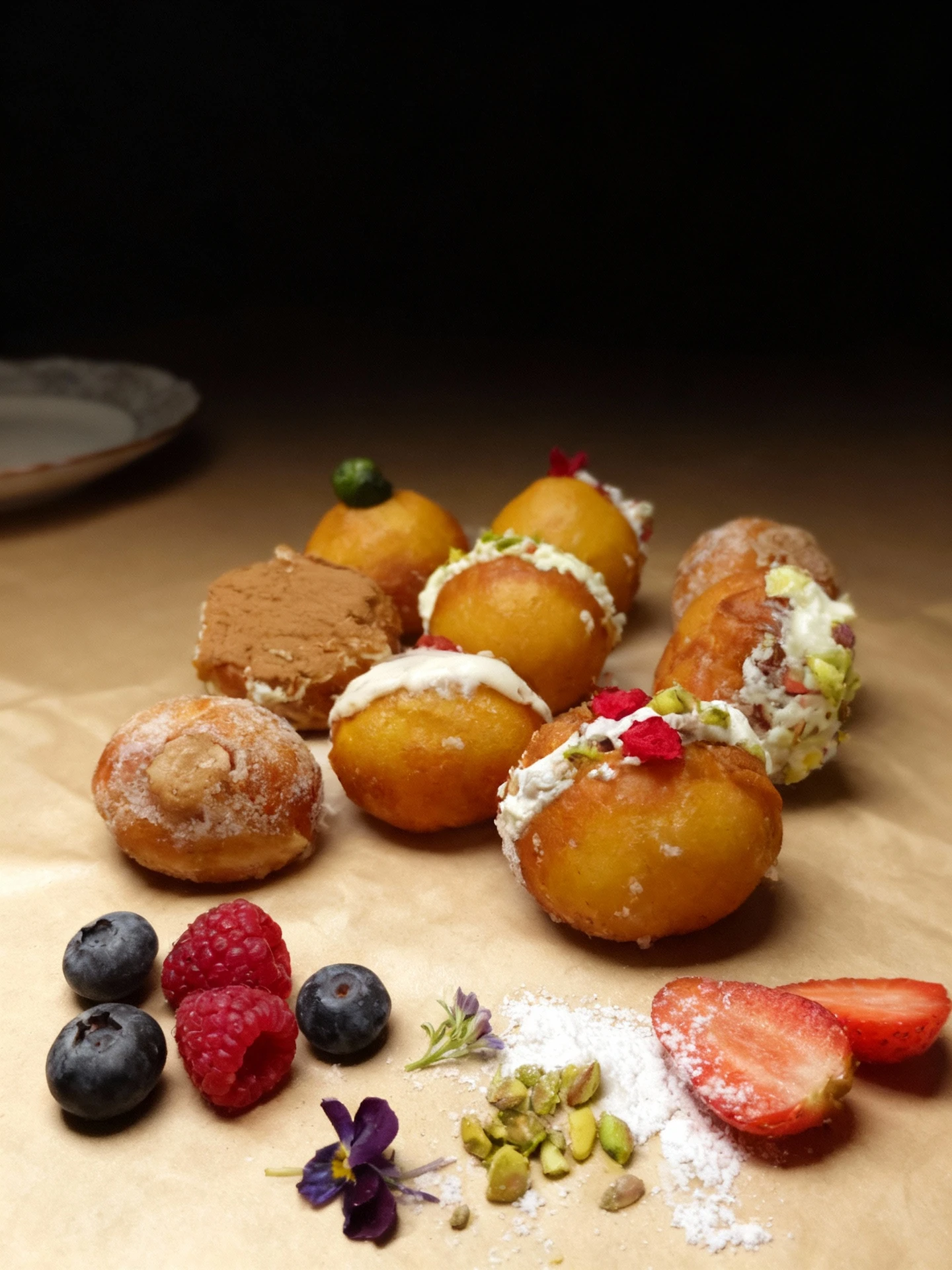 A selection of nine assorted golden fried doughnuts (likely bomboloni) presented in a box, featuring various toppings such as white cream with pistachio and dri