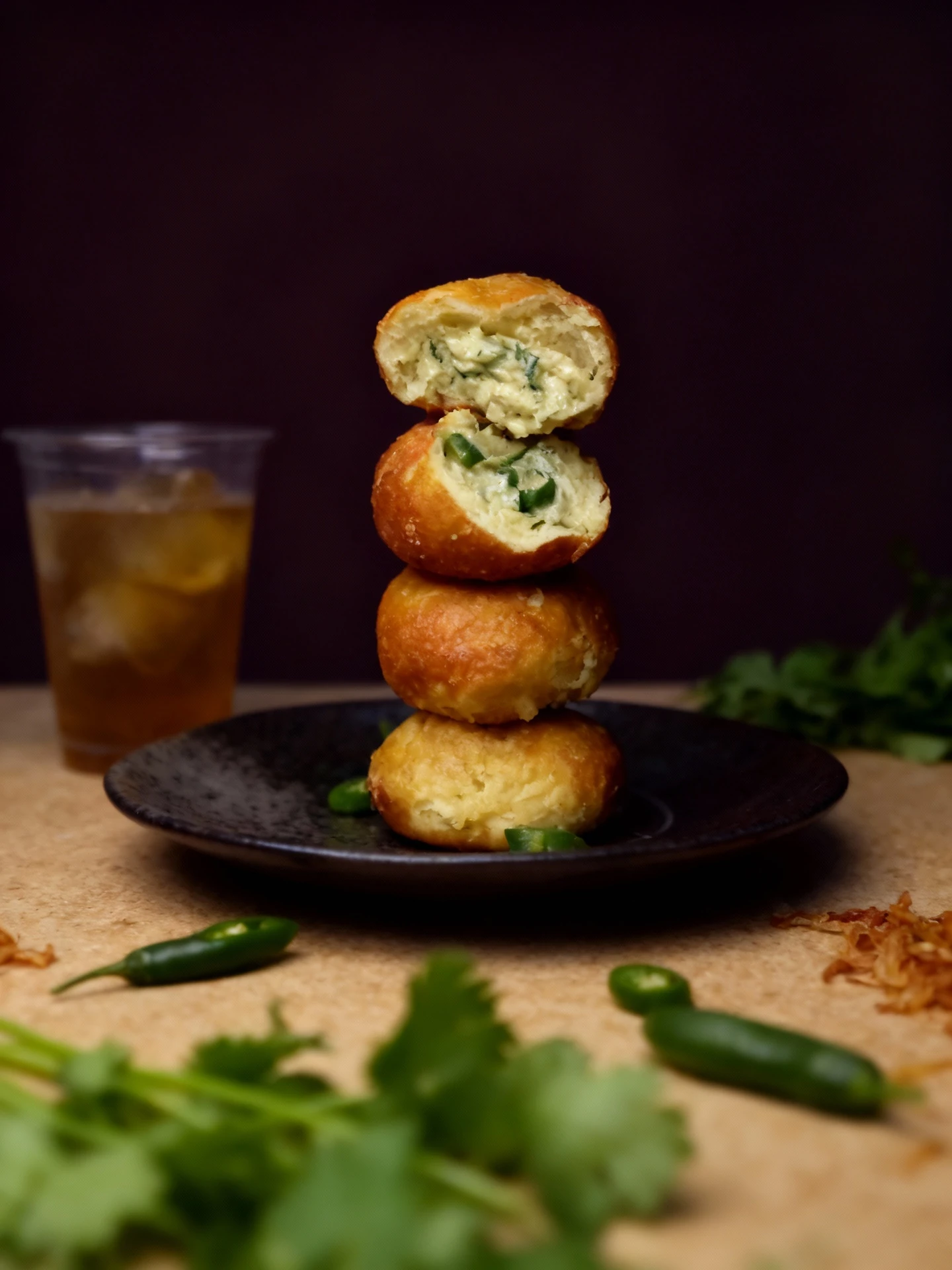 The arrangement features golden-fried savory buns, one sliced to reveal a creamy filling mixed with green herbs, garnished with whole and sliced green chili pep