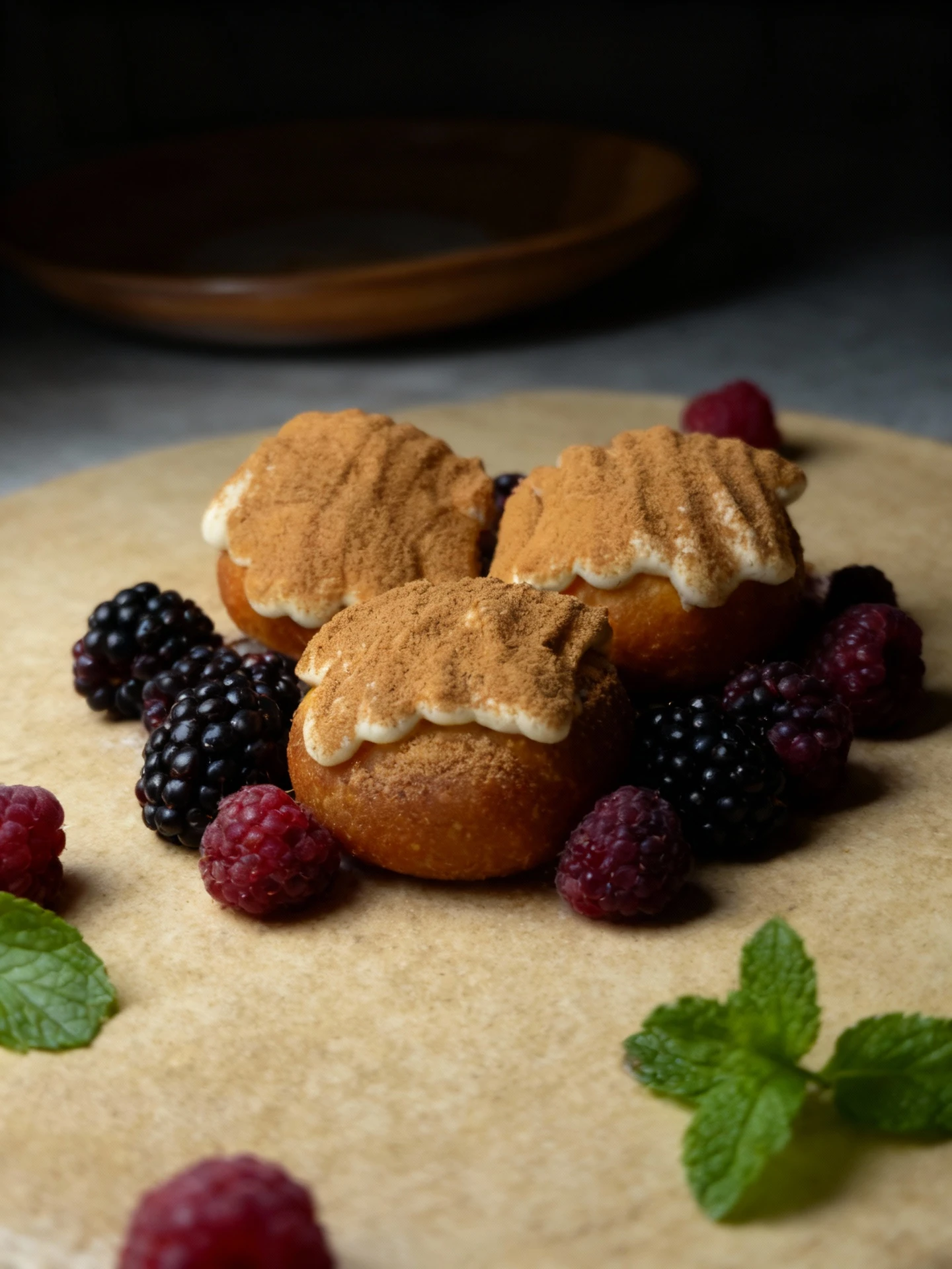 Three golden-brown sweet pastries, likely doughnuts, each topped with piped white cream or frosting and heavily dusted with brown cinnamon powder.
