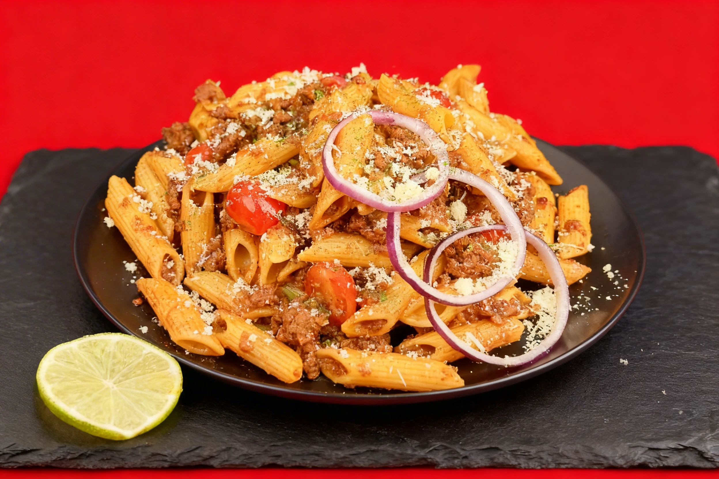 Penne pasta with ground beef, cherry tomatoes, and red onion rings, topped with grated Parmesan cheese and served with a lime wedge.