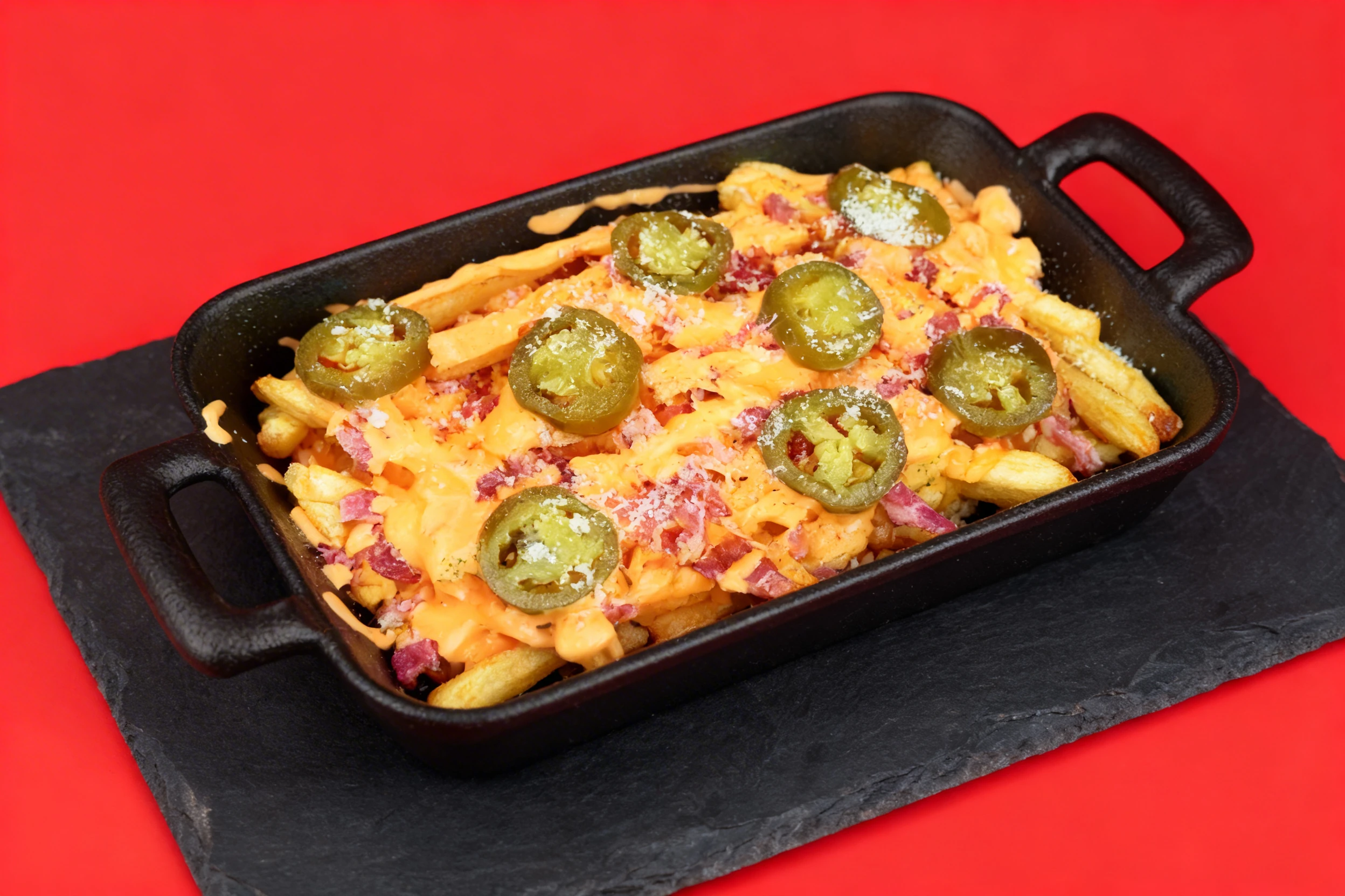 Loaded french fries topped with melted cheese sauce, crispy bacon bits, sliced jalapeños, and grated parmesan cheese served in a black cast-iron dish.