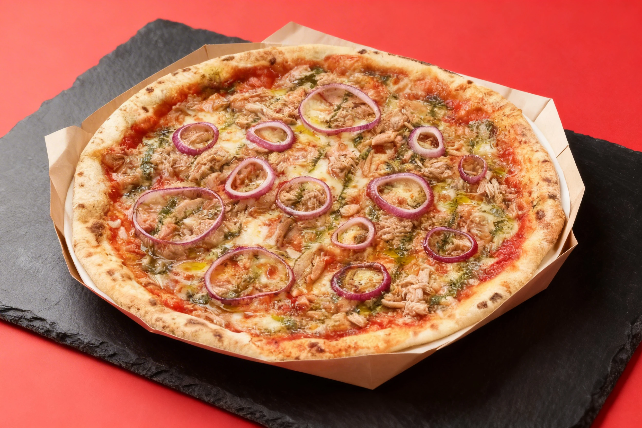 A thin-crust pizza topped with flaked tuna, red onion rings, tomato sauce, mozzarella, and a drizzle of herb oil.