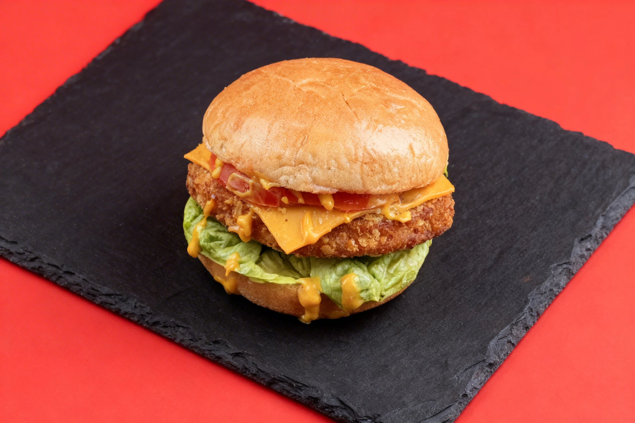Crispy chicken burger on a toasted bun with melted cheddar cheese, fresh tomato slices, lettuce, and a creamy mustard sauce.
