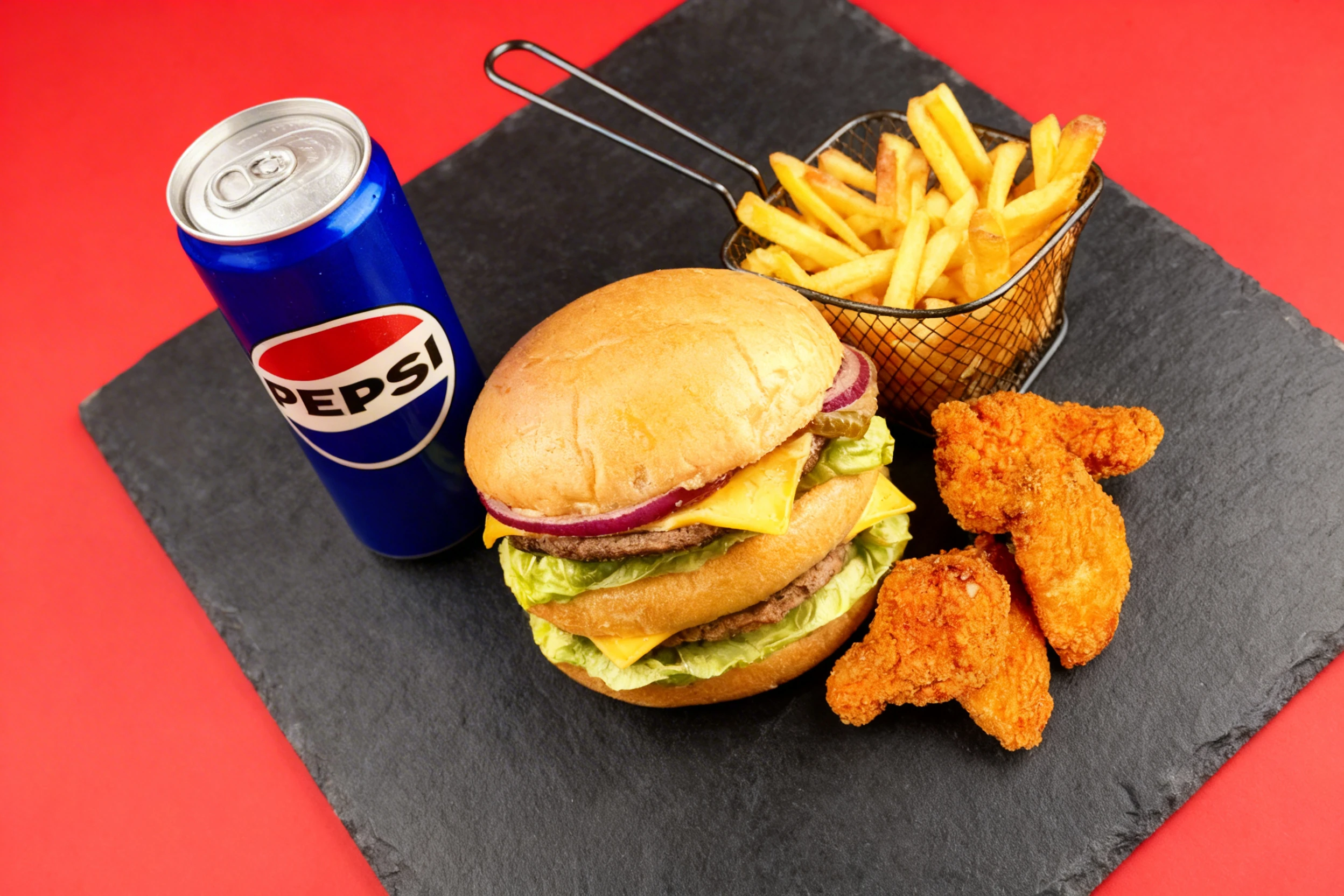 A double-decker cheeseburger with lettuce, red onions, and pickles, served with golden French fries in a wire basket and breaded chicken wings.