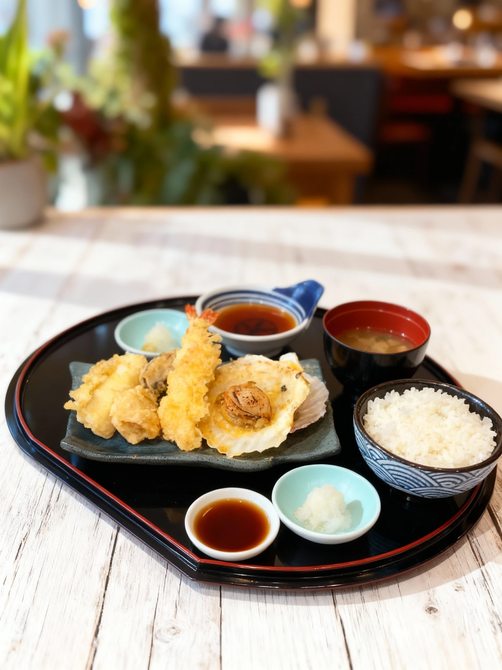 A Japanese set meal featuring tempura shrimp and vegetables, a grilled scallop in its shell, steamed white rice, miso soup, and dipping sauce.