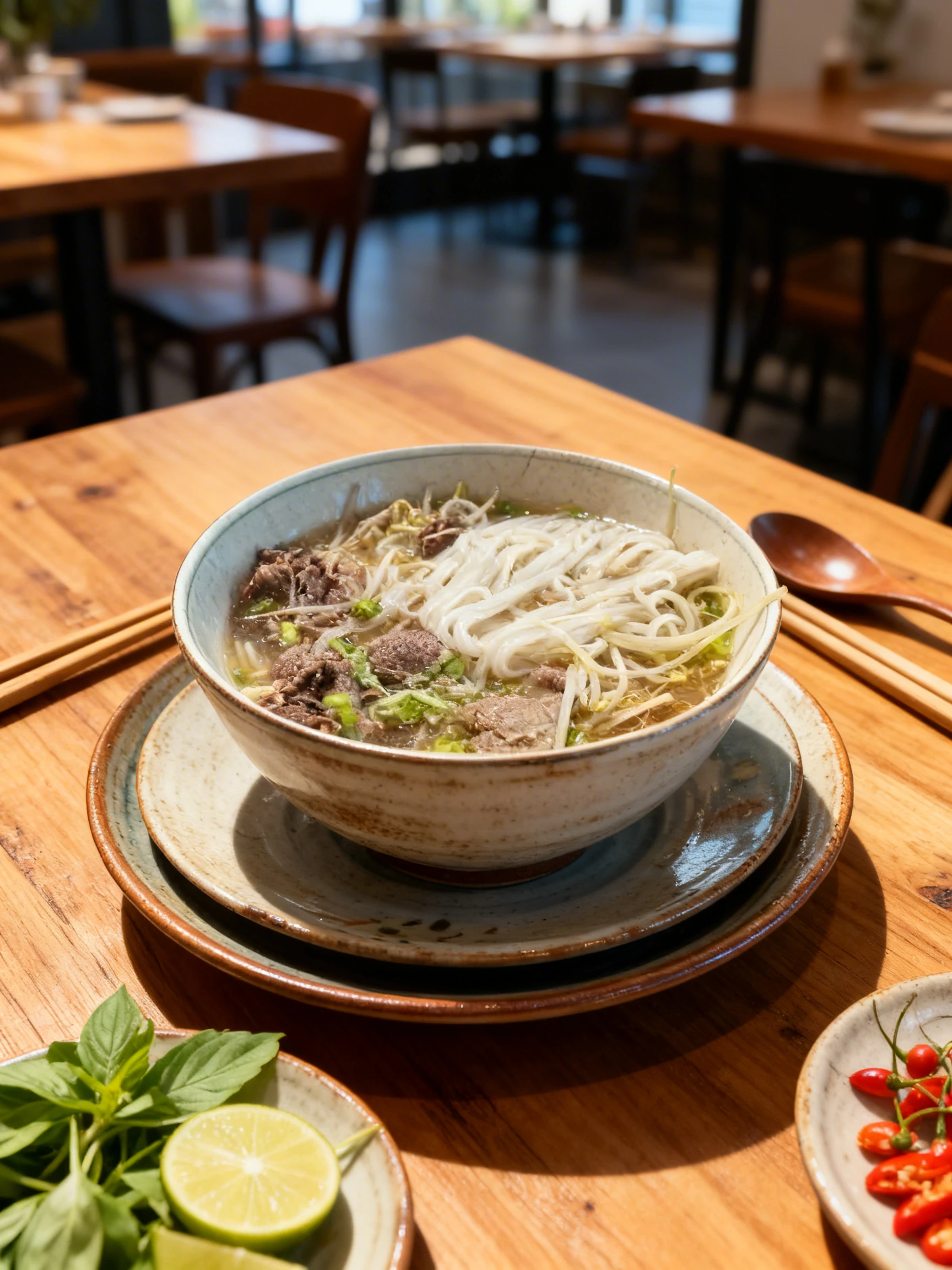 A bowl of beef pho containing flat rice noodles, sliced beef, bean sprouts, and chopped green onions in a clear broth.