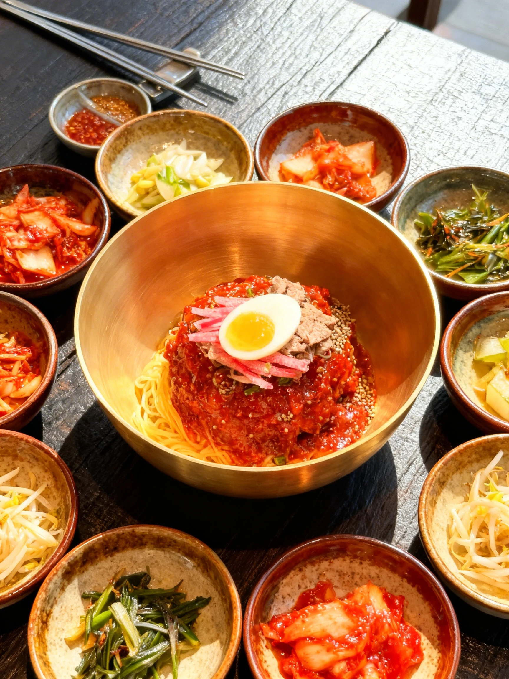 Bibim-naengmyeon spicy cold noodles served in a traditional brass bowl, topped with gochujang sauce, a slice of meat, pickled radish, shredded egg garnish, and