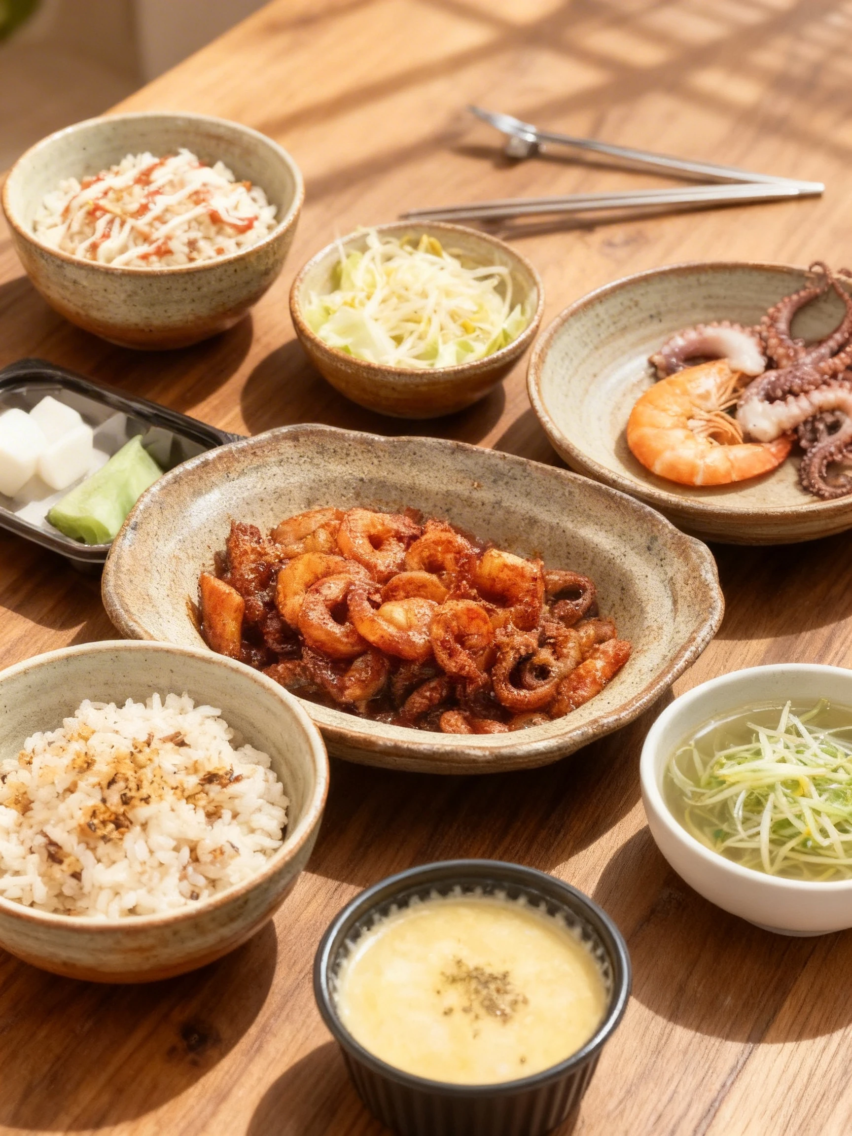 Korean seafood meal featuring spicy stir-fried octopus and shrimp, served with seasoned rice, shredded cabbage with sauces, bean sprouts, and perilla leaves.
